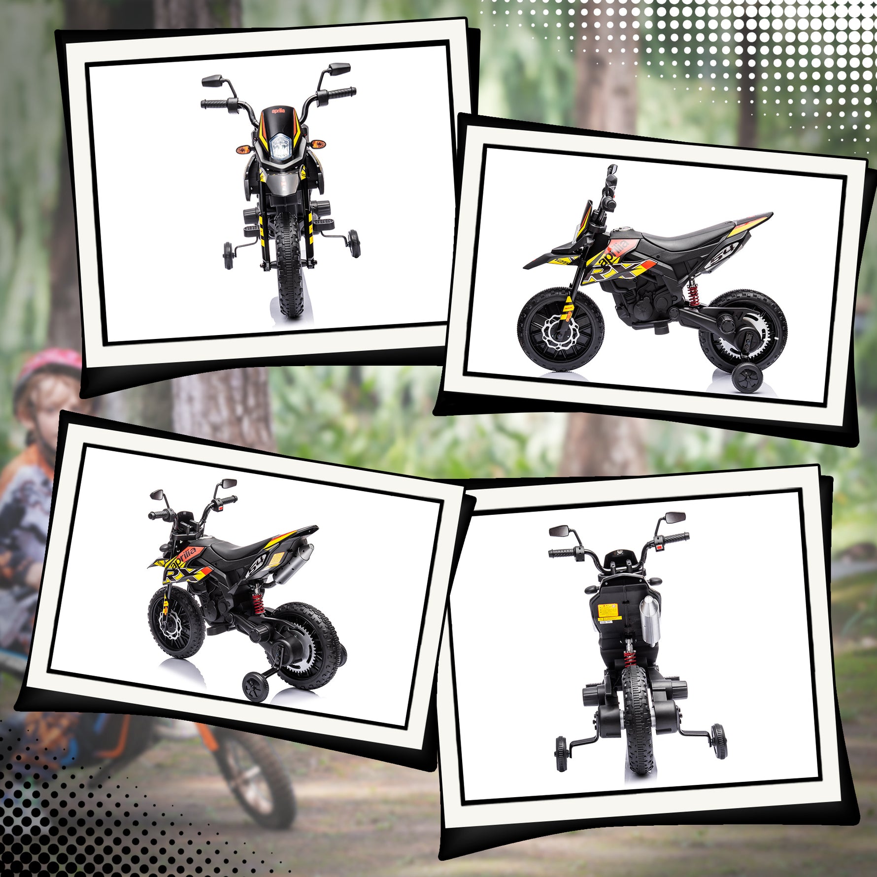 Moto électrique enfants sous licence Aprilia avec 2 moteurs 12V, roues d'entraînement, lumière LED, musique - jaune