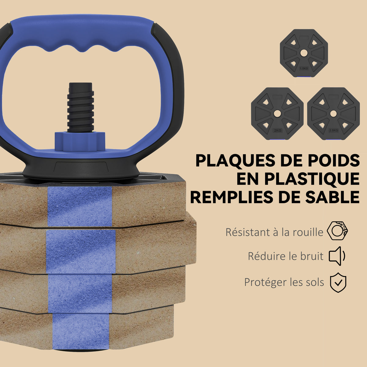Ensemble d'haltères musculation 6-en-1 haltère réglable 25 kg kettlebell, barre de musculation support pour pompes bleu