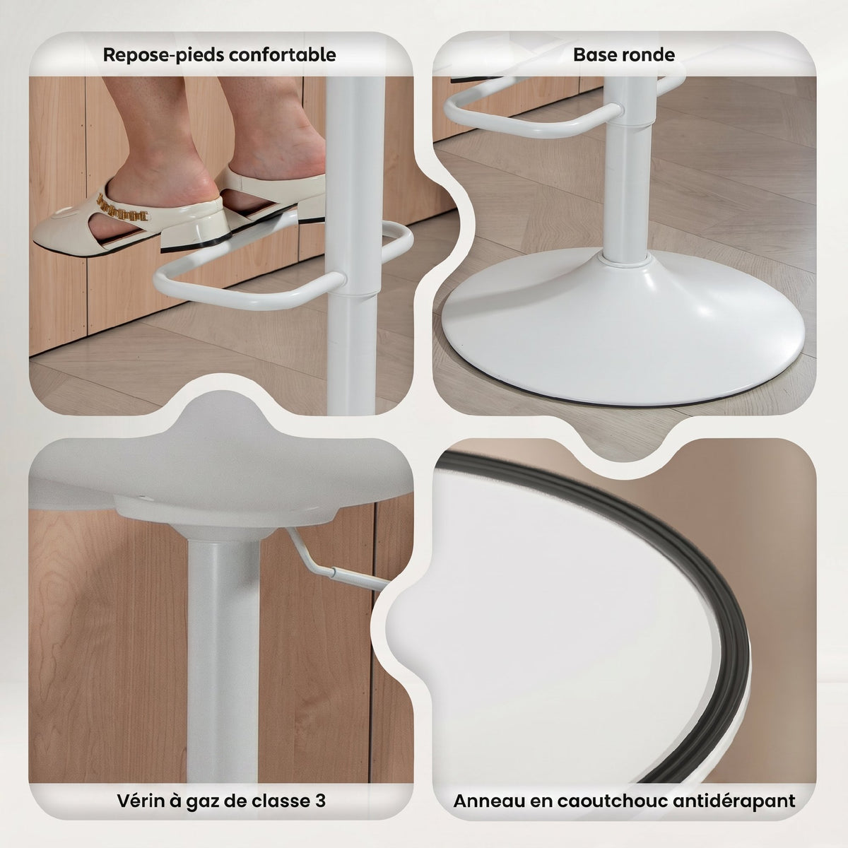 Lot de 2 tabourets de bar, tabourets hauts cuisine avec siège pivotant et hauteur réglable, 43 x 45 x 100 cm, blanc