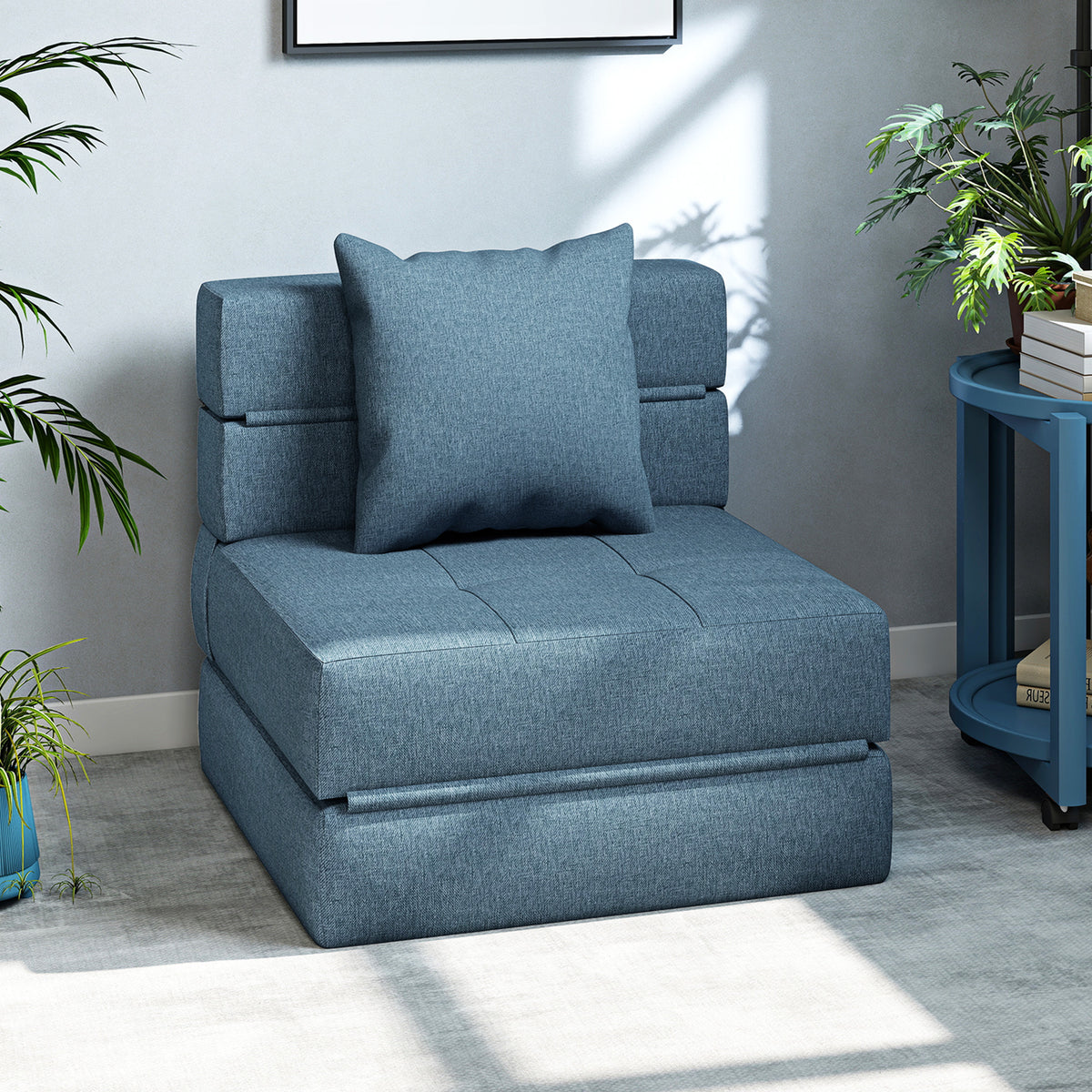 Chauffeuse canapé-lit convertible fauteuil 1 place avec 1 coussin déhoussable, tissu bleu foncé