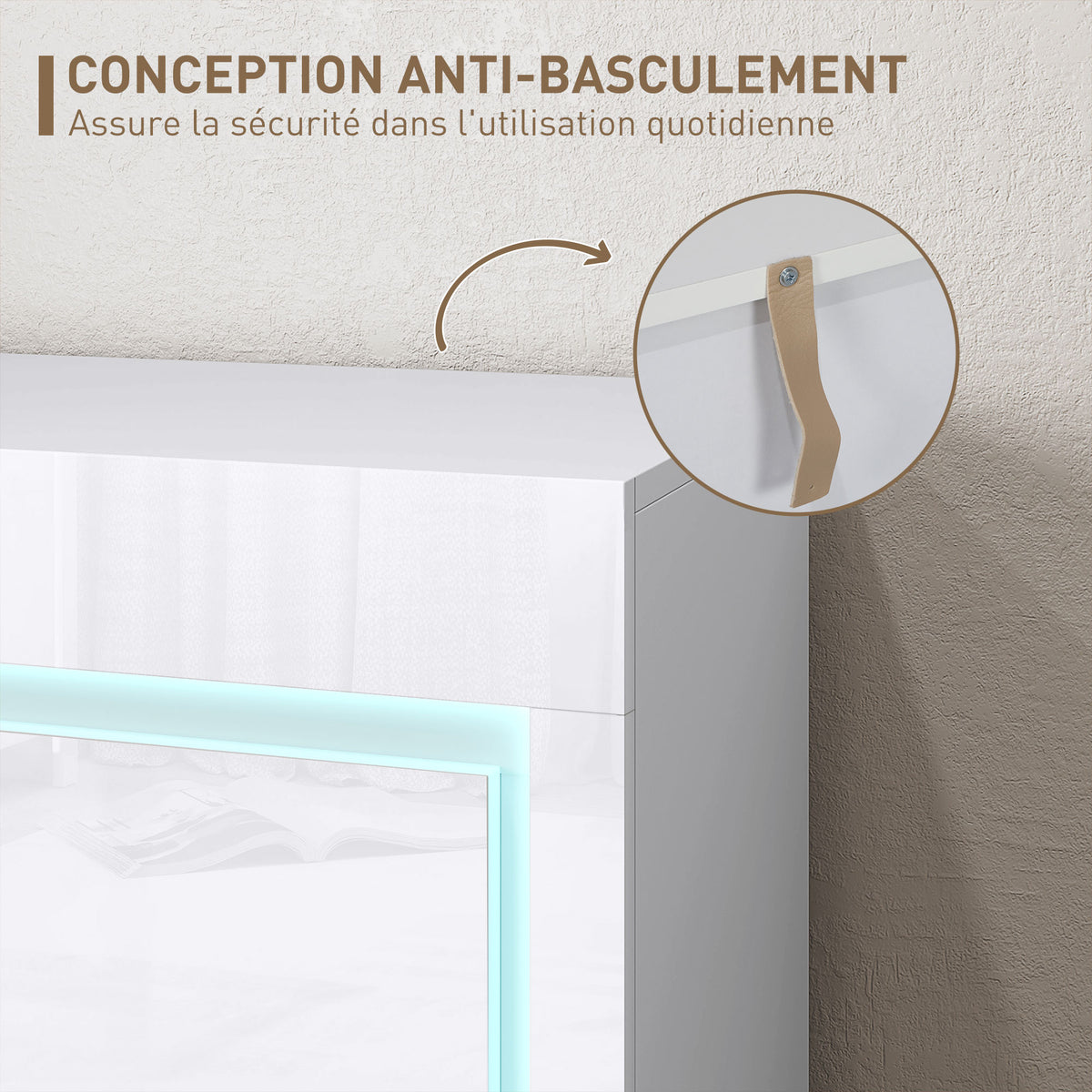Buffet salon, meuble de rangement avec éclairage LED 4 tiroirs portes à fermeture douce 120 x 34 x 80 cm, blanc brillant