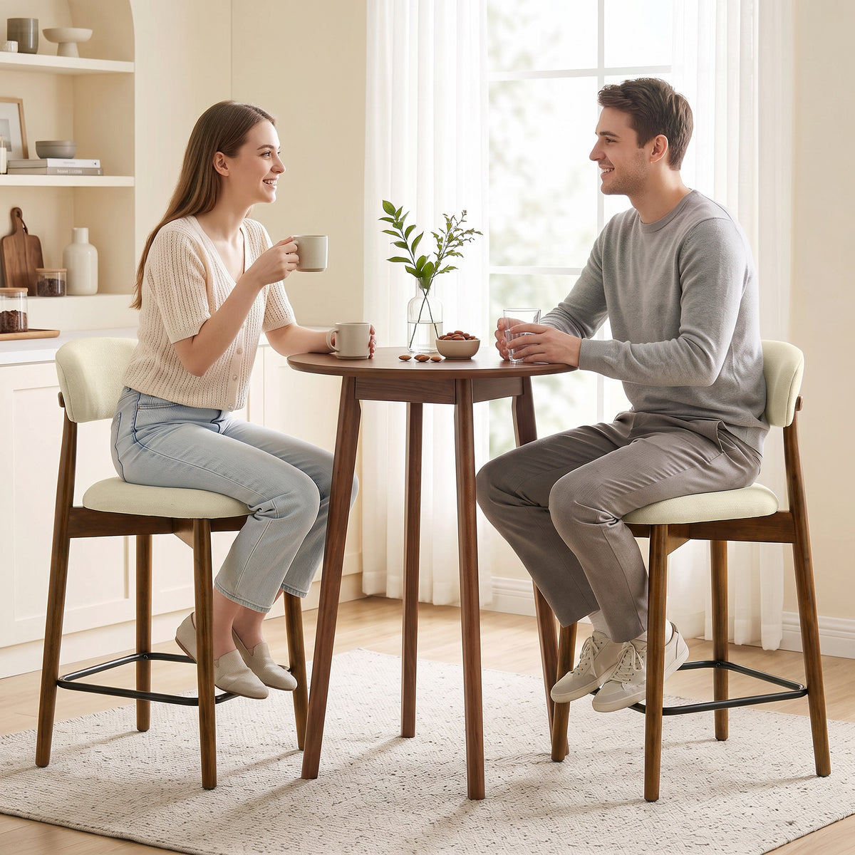 Lot de 2 Tabourets de Bar, Chaises de Bar en Chenille, Assise Rembourrée, Dossier et Repose-Pieds, Pieds en Bois, Beige