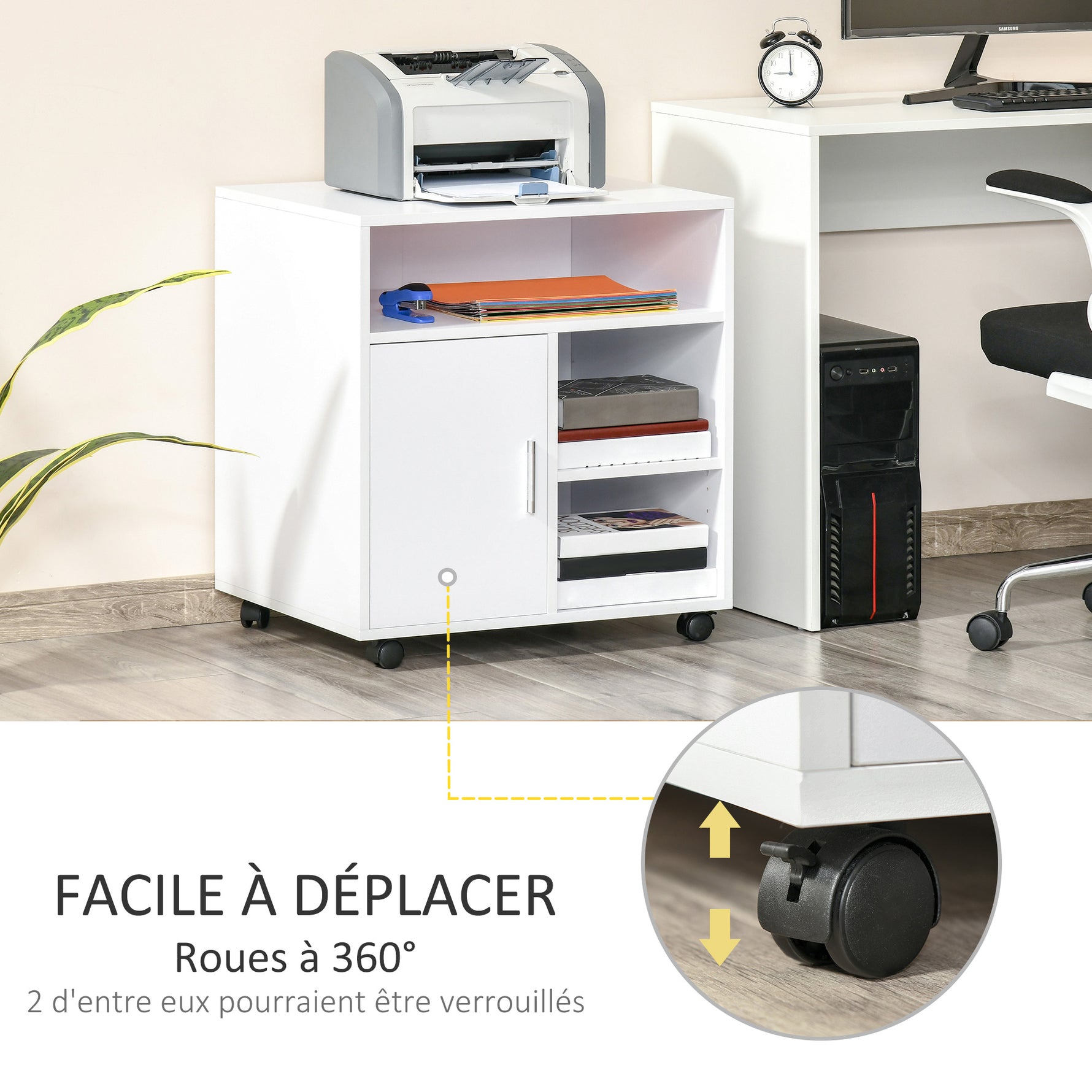 Support d'imprimante organiseur bureau caisson placard porte 3 niches + grand plateau panneaux particules blanc