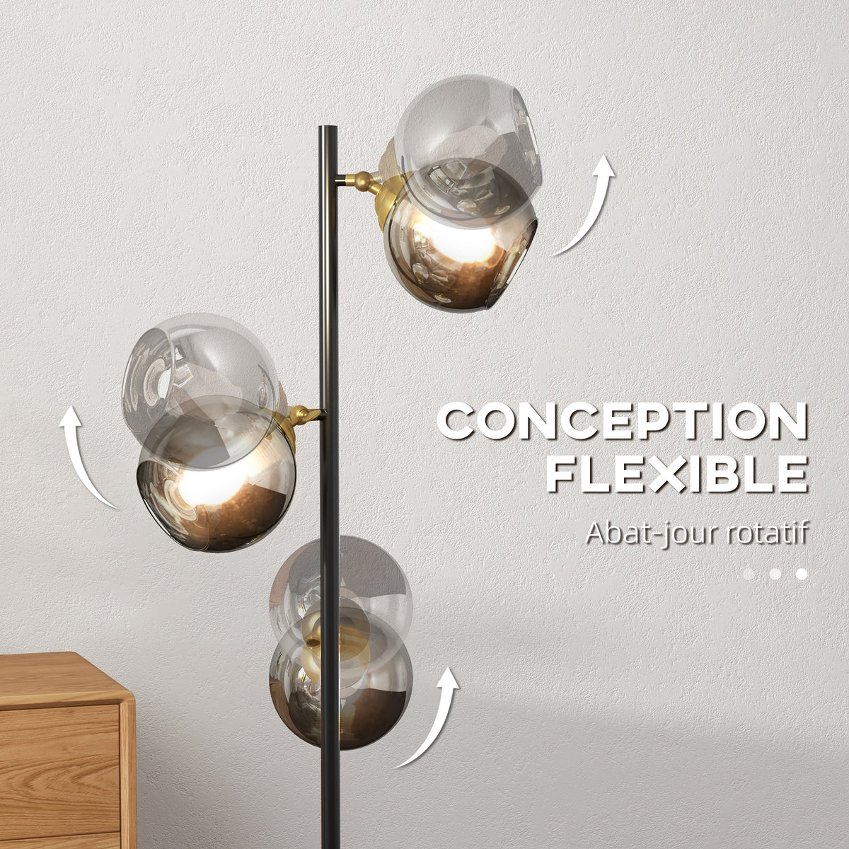 Lampadaire sur pied salon en métal avec 3 abat-jours globe métal chromé 40W Ø 36 x 162H cm noir et gris