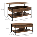 Table basse relevable table de salon compartiment caché 2 étagères inférieures 100 x 80 x 60 cm marron rustique noir