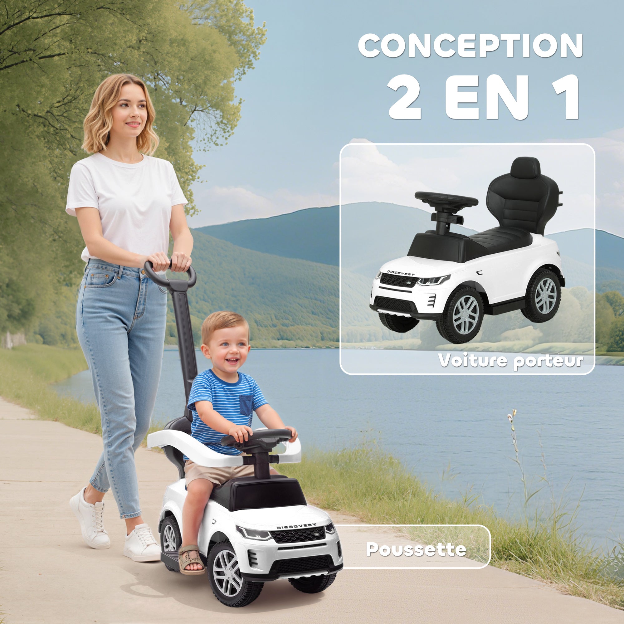 Licensed Land Rover Discovery ride-on for kids, push car with removable handle, 84x40x94.5cm, white