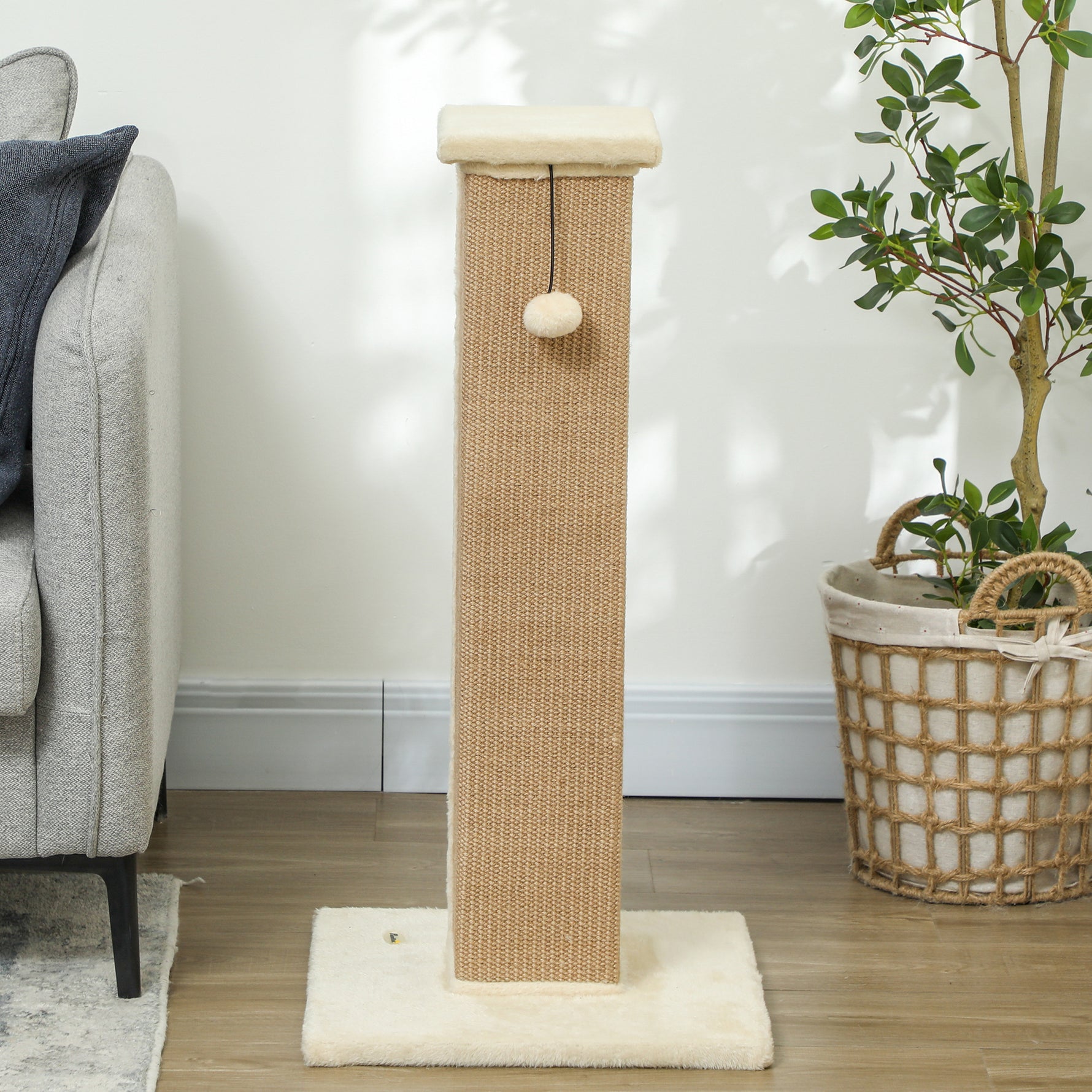 Griffoir pour chat poteau griffoir chat en sisal et peluche, boule suspendue base stable 41 x 41 x 81 cm beige