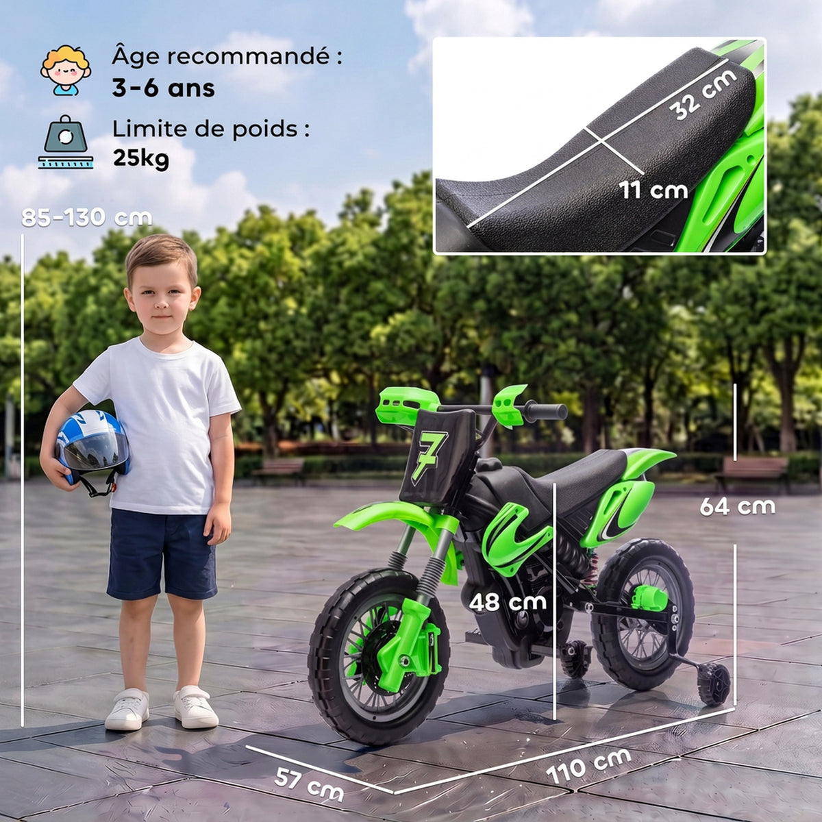 Elektro-Motorrad für Kinder 12 V, Höchstgeschwindigkeit 3 km/h, Lithium-Batterie, Doppelmotor, Hinterradfederung, Grün