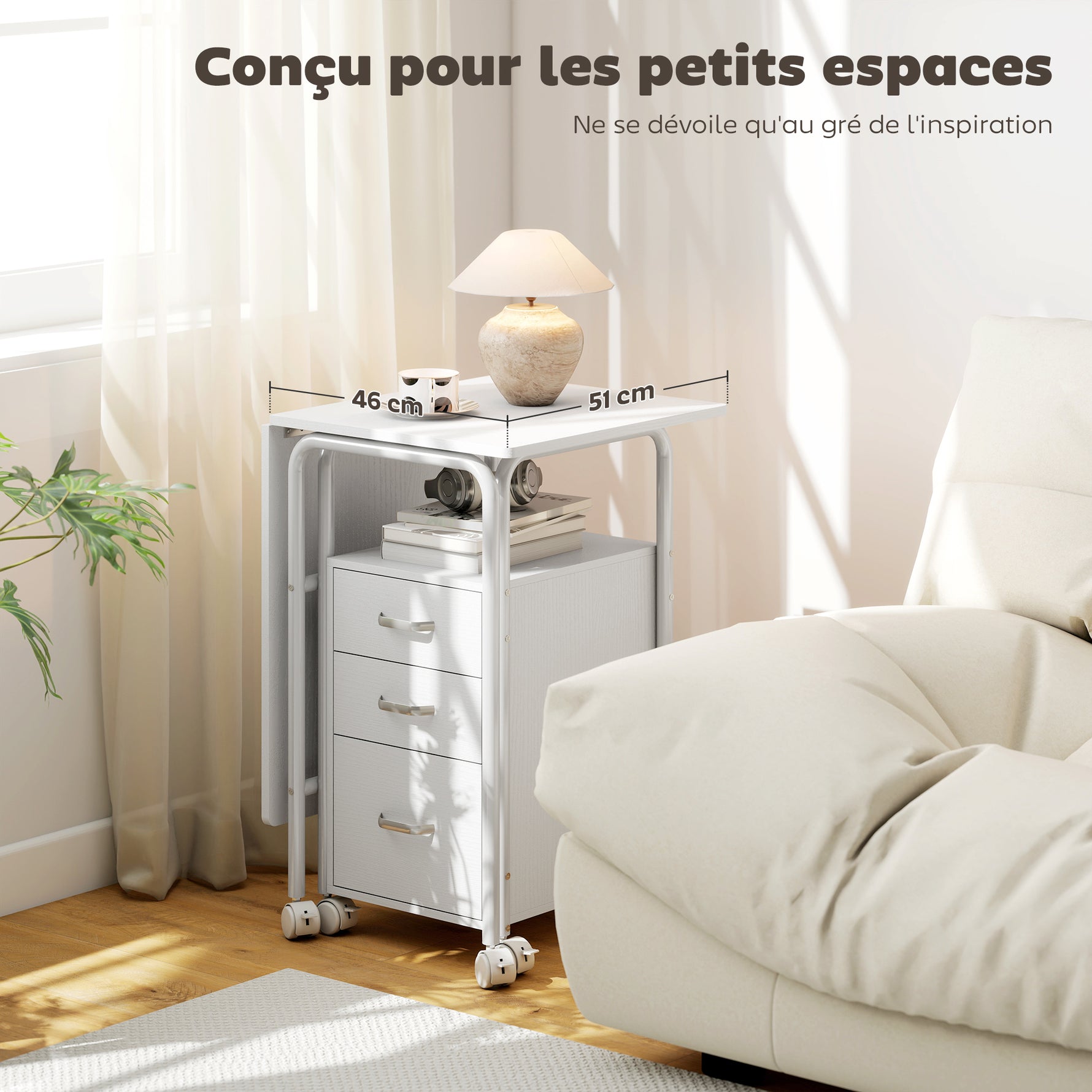 Bureau d'ordinateur pliable sur roulettes, bureau avec rangement, 3 tiroirs, plateau extensible, 105x51x75,5cm, blanc