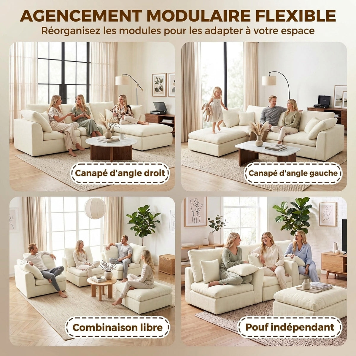 Canapé 3 Places avec Pouf Réversible, Canapé d'Angle Modulable en Chenille 254 cm Moderne, Assise Large, Crème-3