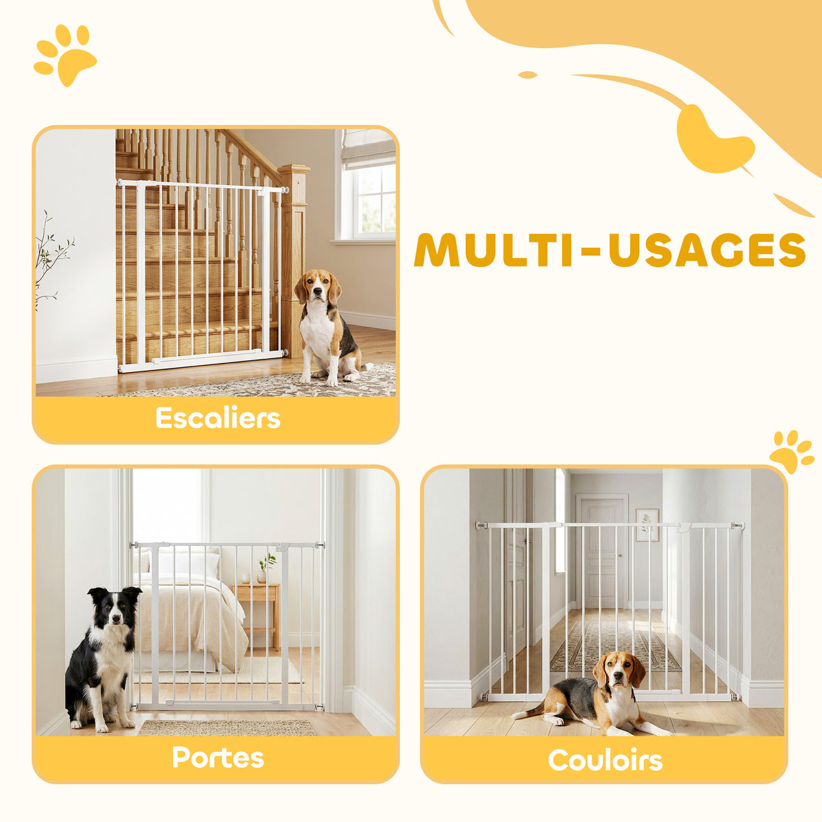 Adjustable Dog Safety Gate 76-107 cm, with 2 Extensions (10/15 cm), One-Handed Opening, No Drilling Required, White