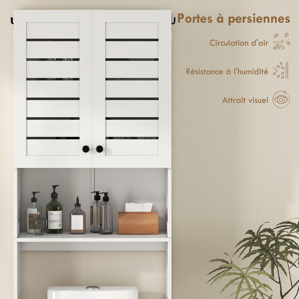 Meuble WC dessus de toilette/machine à laver avec placard à porte double, portes à persiennes, 67x31,5x190cm, blanc