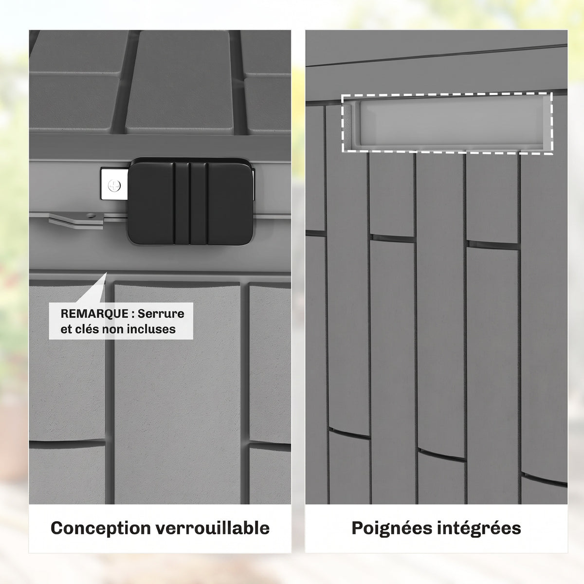 227 L Lockable Outdoor Storage Box with Gas Spring, Wood Look, 106.5x43x54.5cm, Gray