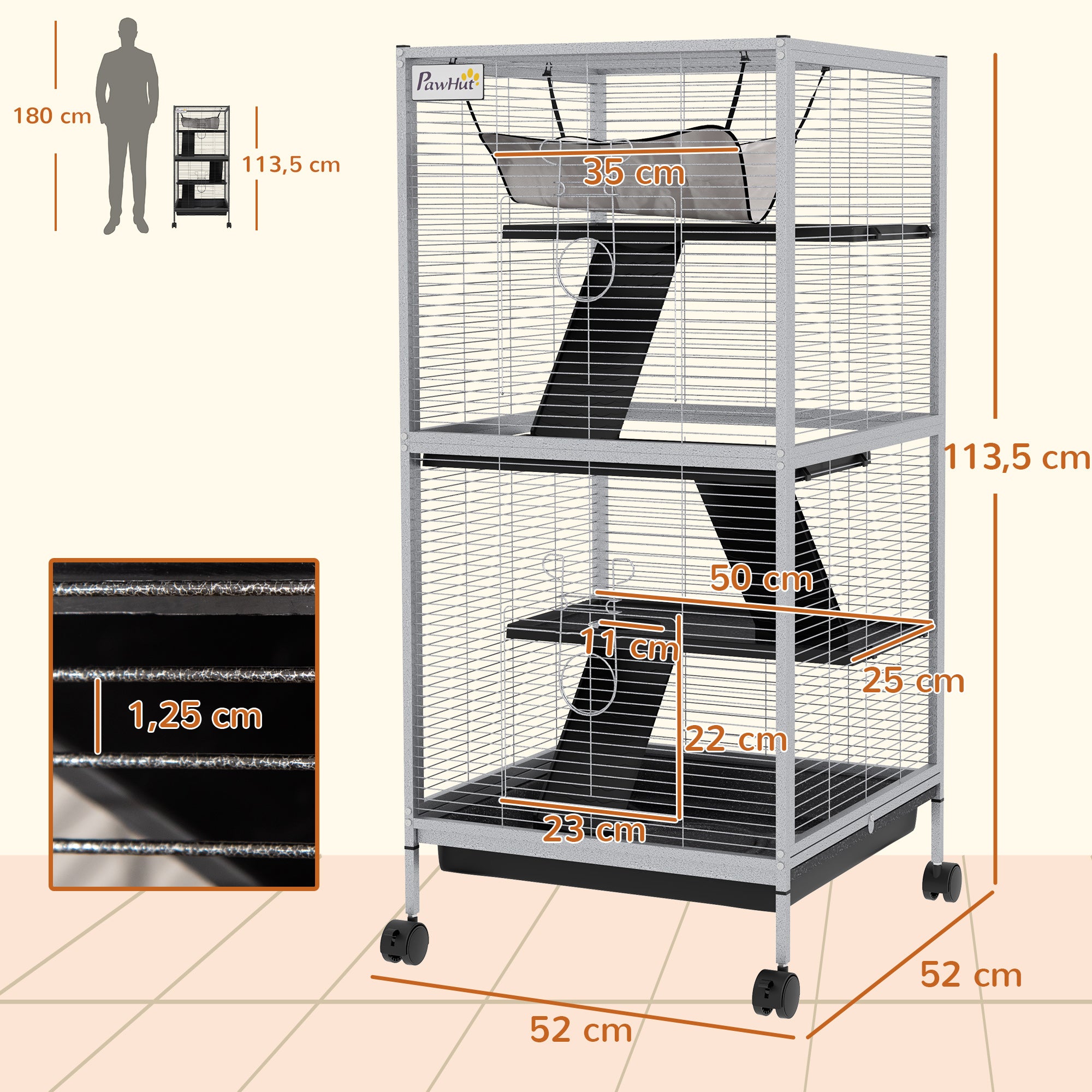Cage pour Petits Animaux Portable à 4 Niveaux avec Roulettes, 2 Portes, 3 Rampes, Hamac et Plateau Amovible