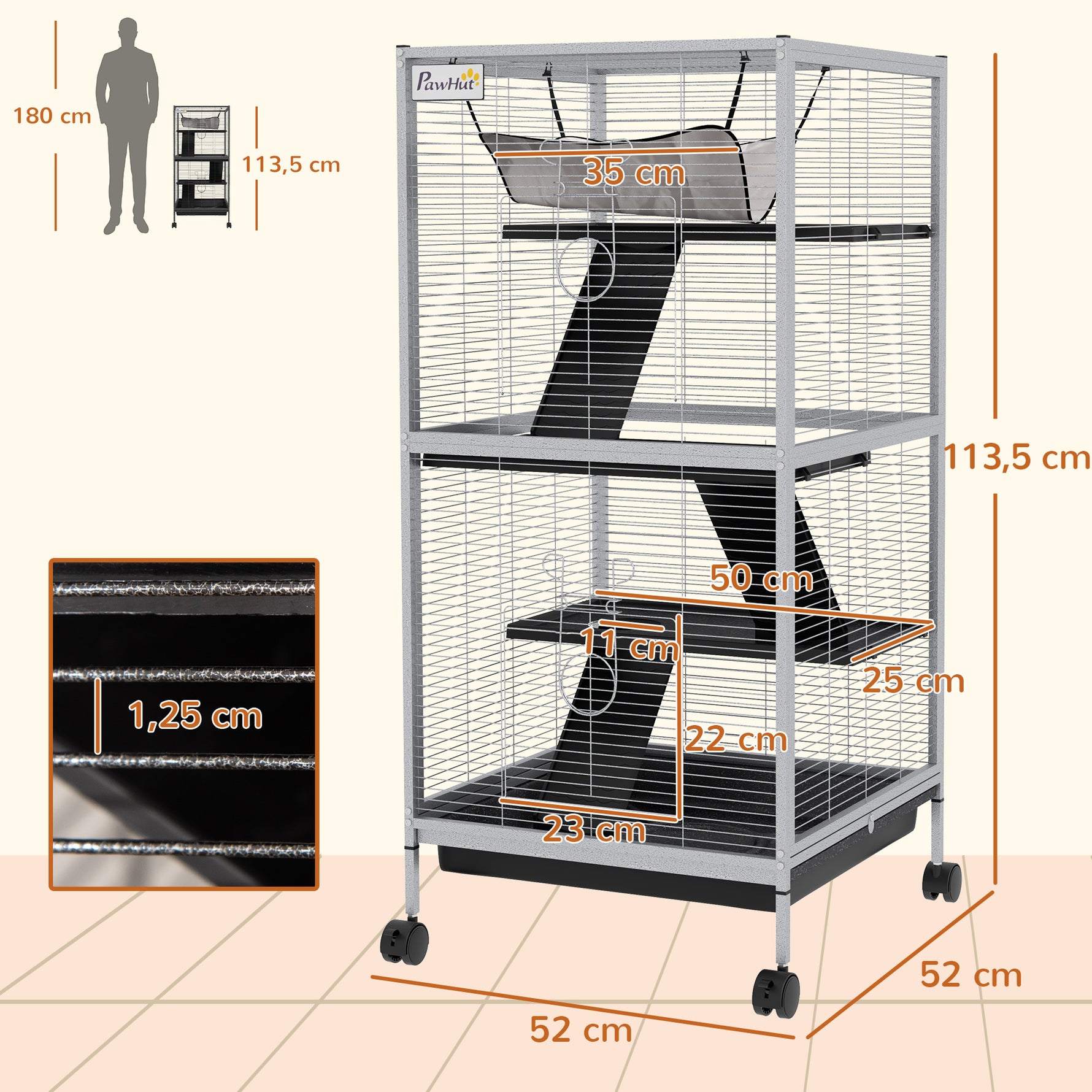 Cage pour Petits Animaux Portable à 4 Niveaux avec Roulettes, 2 Portes, 3 Rampes, Hamac et Plateau Amovible