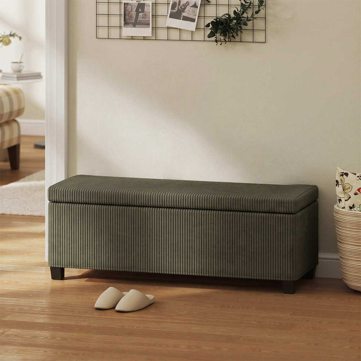 Banc de Rangement, Bout de Lit en Velours Côtelé avec Couvercle, pour Salon, Chambre, Entrée, 112x42x40 cm, Vert Clair