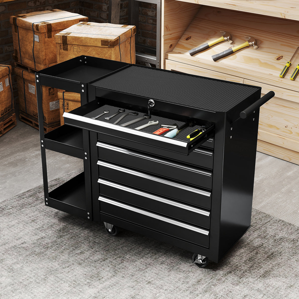 Servante d'Atelier en Acier à 7 Tiroirs, Chariot à Outils sur Roulettes avec Étagère Latérale Amovible, Noir