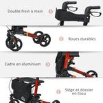 Déambulateur 4 Roues Pliable en Aluminium, Hauteur Réglable 6 Positions, Freins Doubles, Rangement, 64x67x92cm, Rouge
