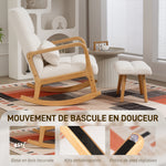 Poltrona a dondolo con poggiapiedi, sedia a dondolo in tessuto bouclé, gambe in legno, 64,5 x 82 x 89 cm, bianco