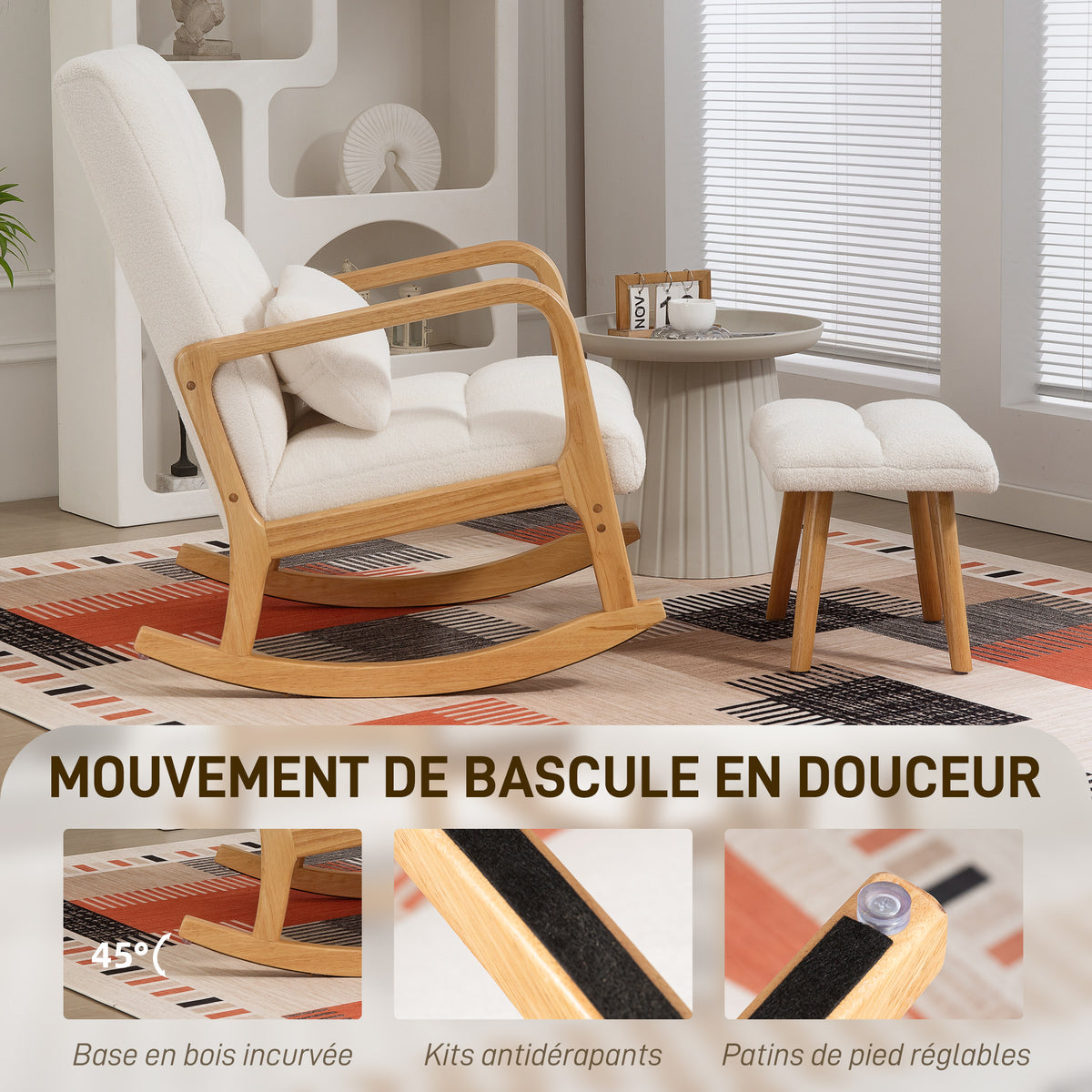 Poltrona a dondolo con poggiapiedi, sedia a dondolo in tessuto bouclé, gambe in legno, 64,5 x 82 x 89 cm, bianco