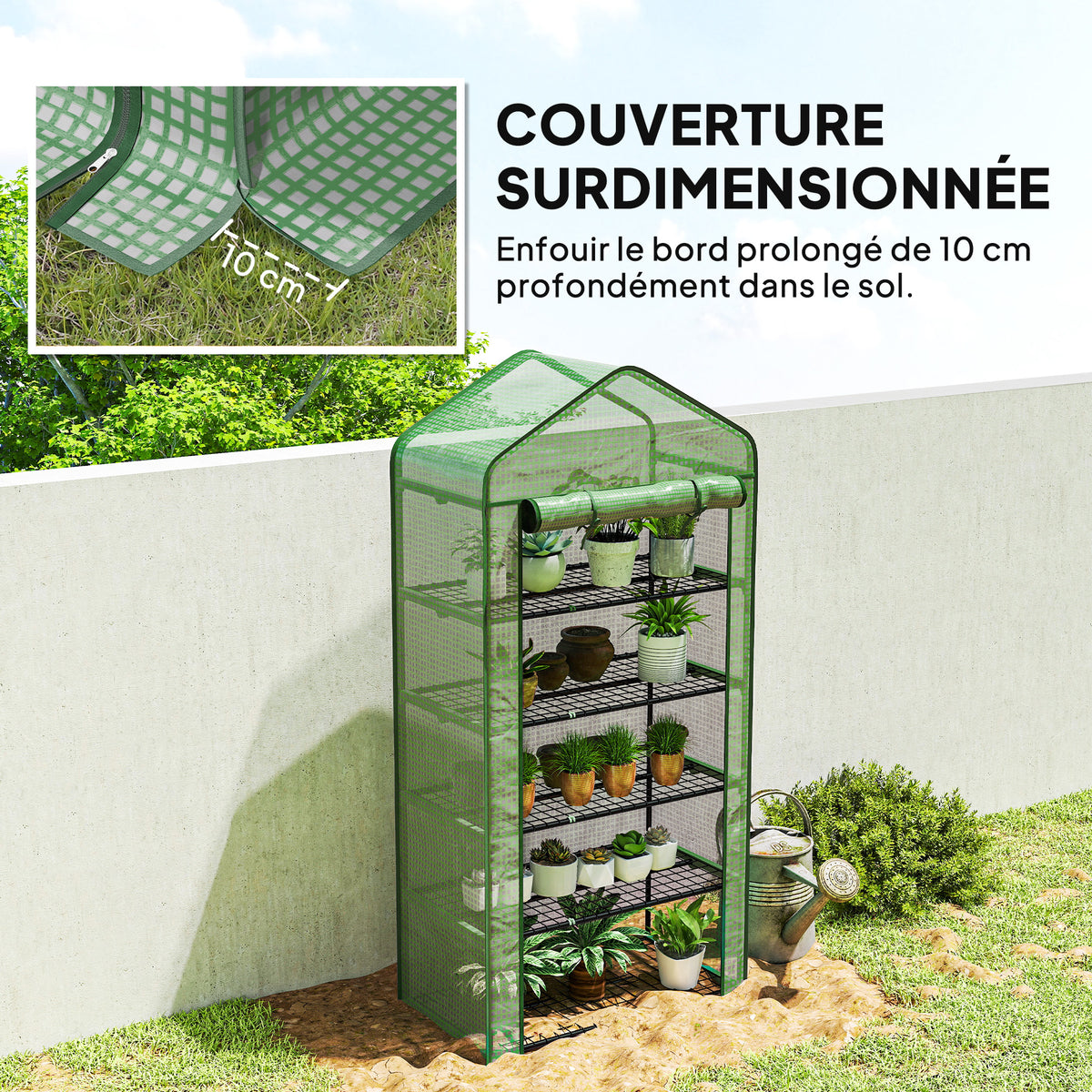 Serre de jardin Serre 5 niveaux avec 1 porte enroulable, Bâche en PE Renforcée Résistante dim. 90L x 49l x 193H cm
