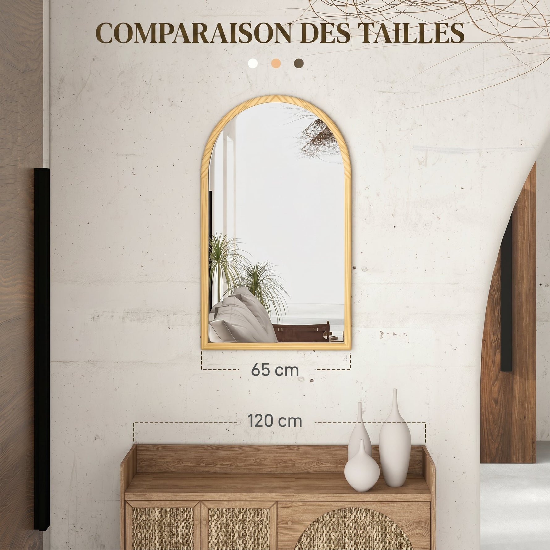 Miroir mural arche, 110 x 65 cm Cadre en bois, Miroir arqué pour le salon, la chambre, l'entrée, bois naturel