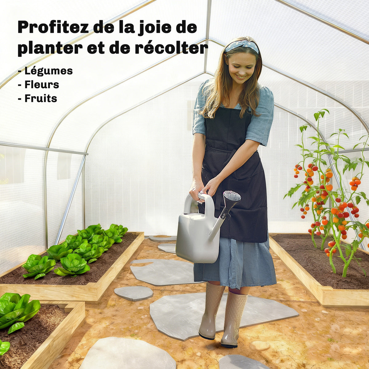 Serre Tunnel de Jardin 13,35 m² dim. 4,5L x 3l x 2H m Porte + 6 fenêtres enroulables Acier galvanisé bâche PE Haute densité Blanc