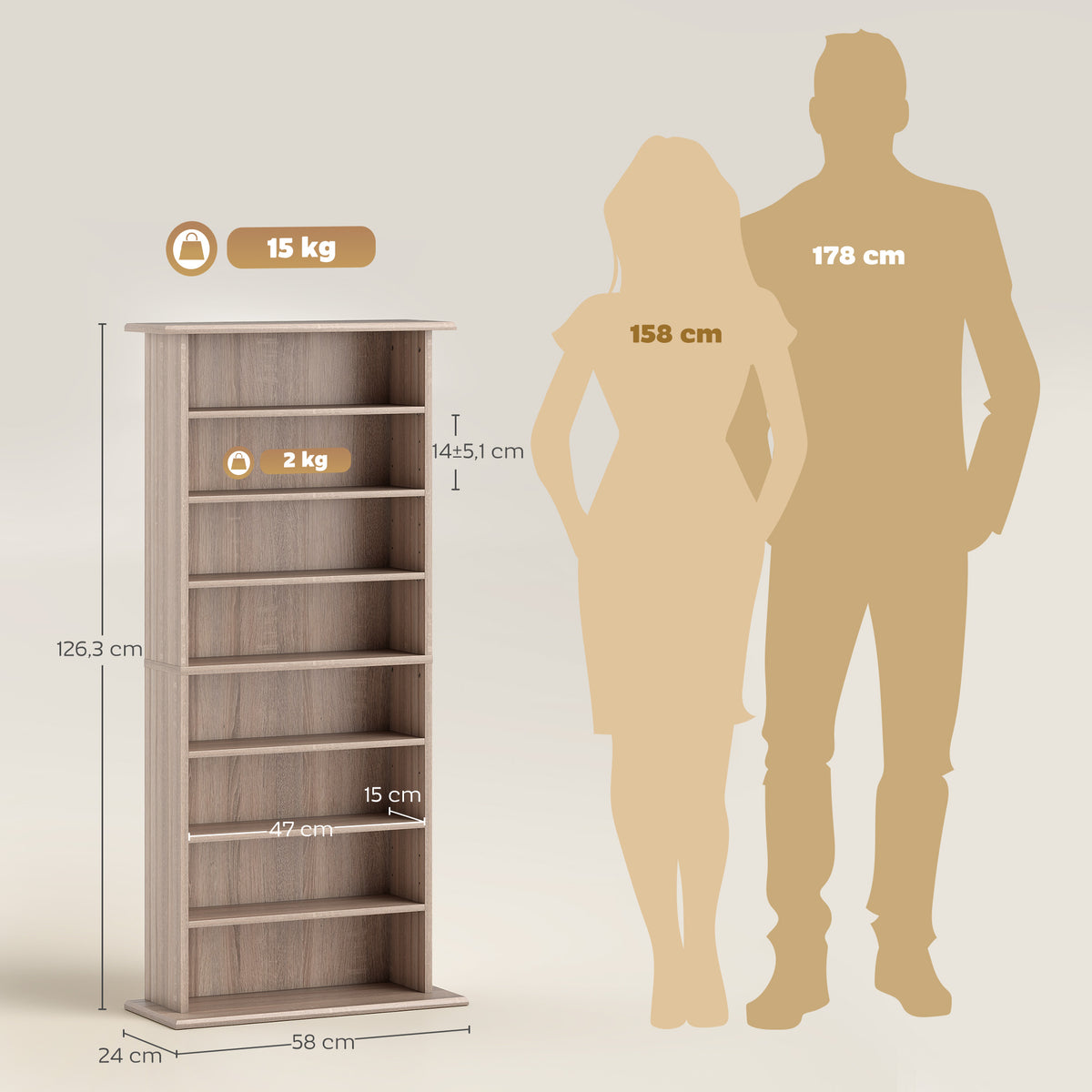 Rangements pour CD et DVD avec 8 compartiments et 6 étagères réglables, capacité max. 360 CD/185 DVD et Blu-ray, naturel