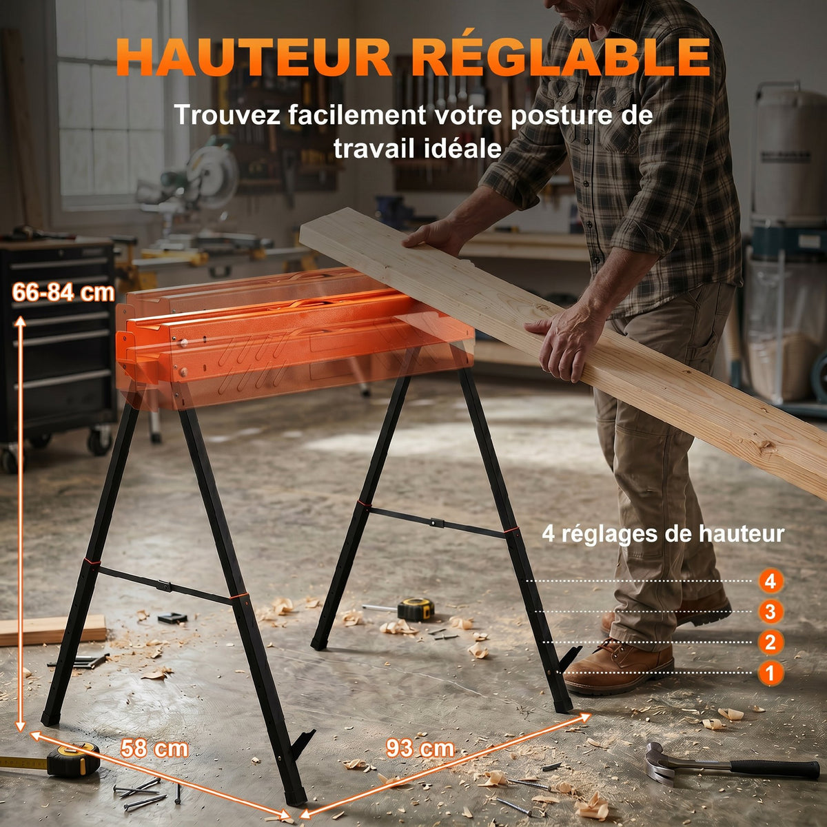 Lot de 2 Tréteaux Pliables en Métal, Charge Max. 500 kg, Tréteaux Portables, Hauteur Réglable 71-85,5cm, Orange
