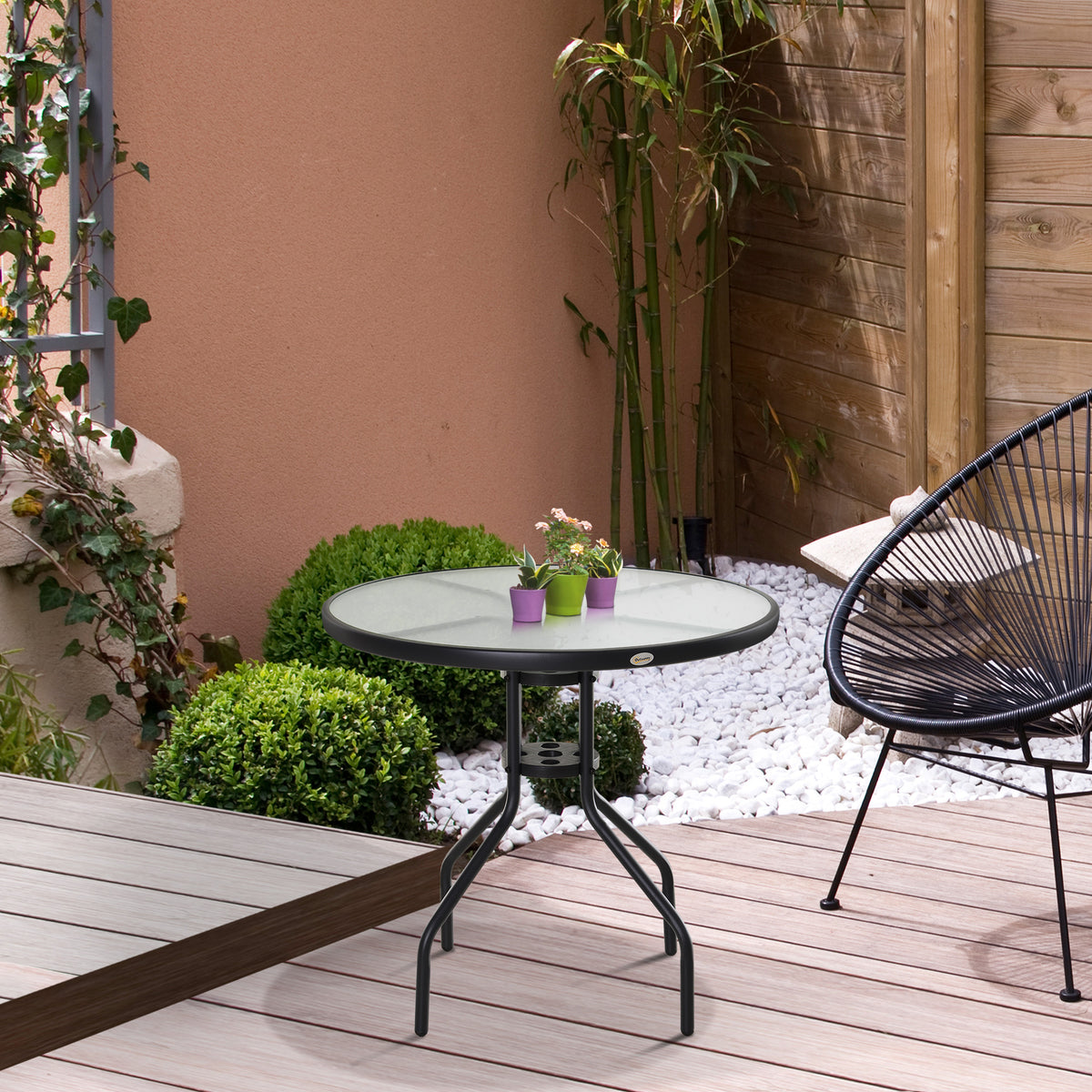 Table Ronde Bistro de Jardin Ø 80 x 72H cm Espace Installation Parasol Acier époxy Noir Plateau Verre trempé