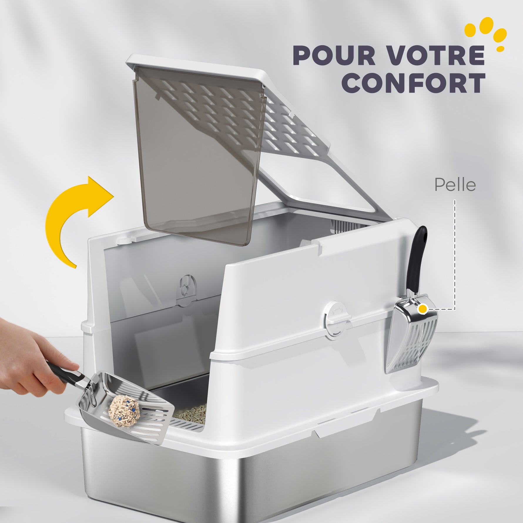 Bac à litière pour chat fermé, maison de toilette pour chat en acier inoxydable, 60,2 x 40,2 x 43,7 cm, gris clair