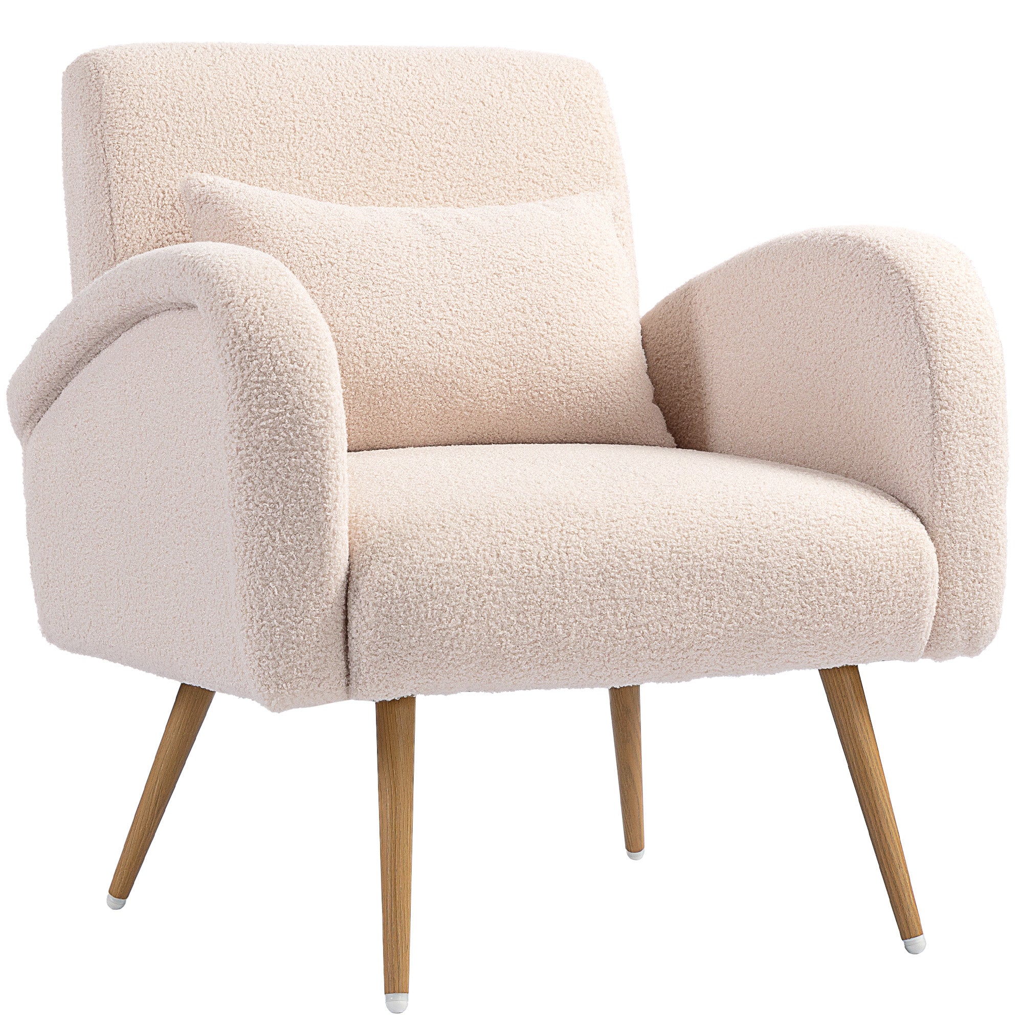 Teddy fabric lounge chair, upholstered chair, wide seat, lumbar cushion, wood-effect metal legs, beige