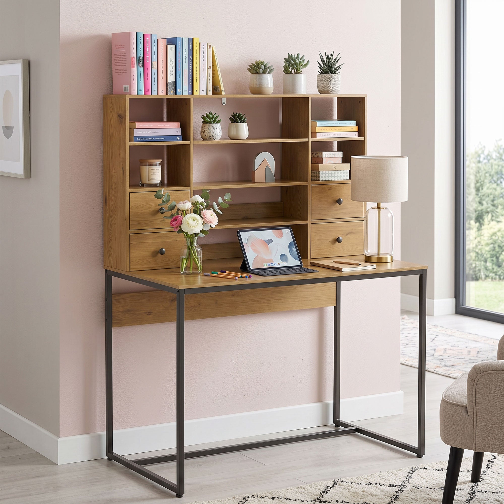 Bureau d'ordinateur avec 4 tiroirs, 105 x 60 cm, bureau avec rangement, étagères ouvertes, 105 x 60 cm, bois naturel