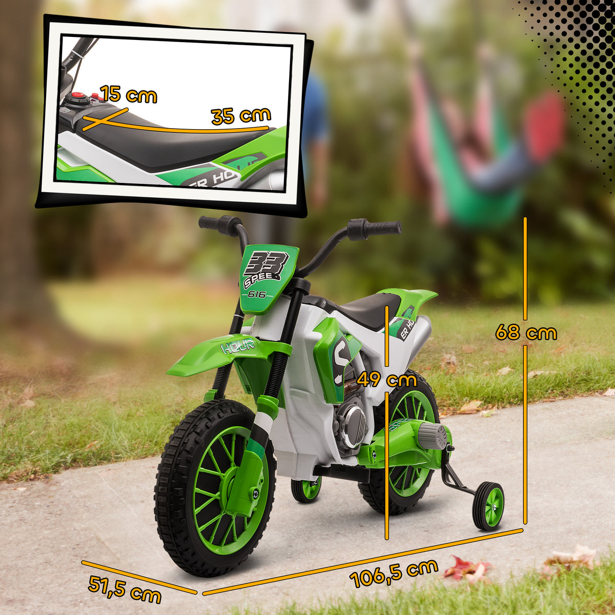 Moto Cross électrique pour Enfant 3 à 5 Ans 12 V 3-8 Km/h avec roulettes latérales Amovibles dim. 106,5L x 51,5l x 68H cm Vert