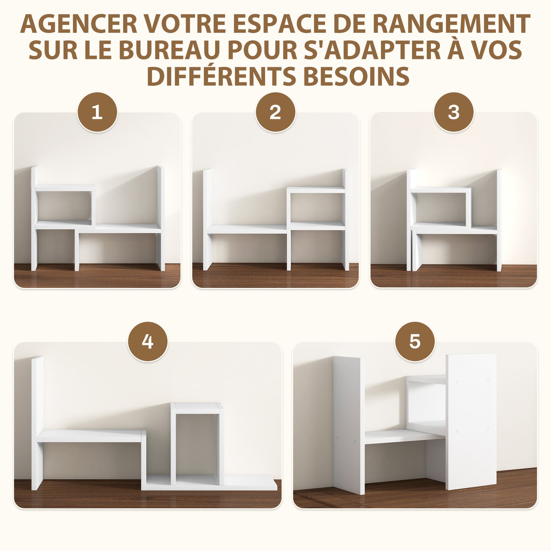 Étagère de bureau modulable, organisateur de bureau multifonctionnel, 2 pièces, MDF, blanc