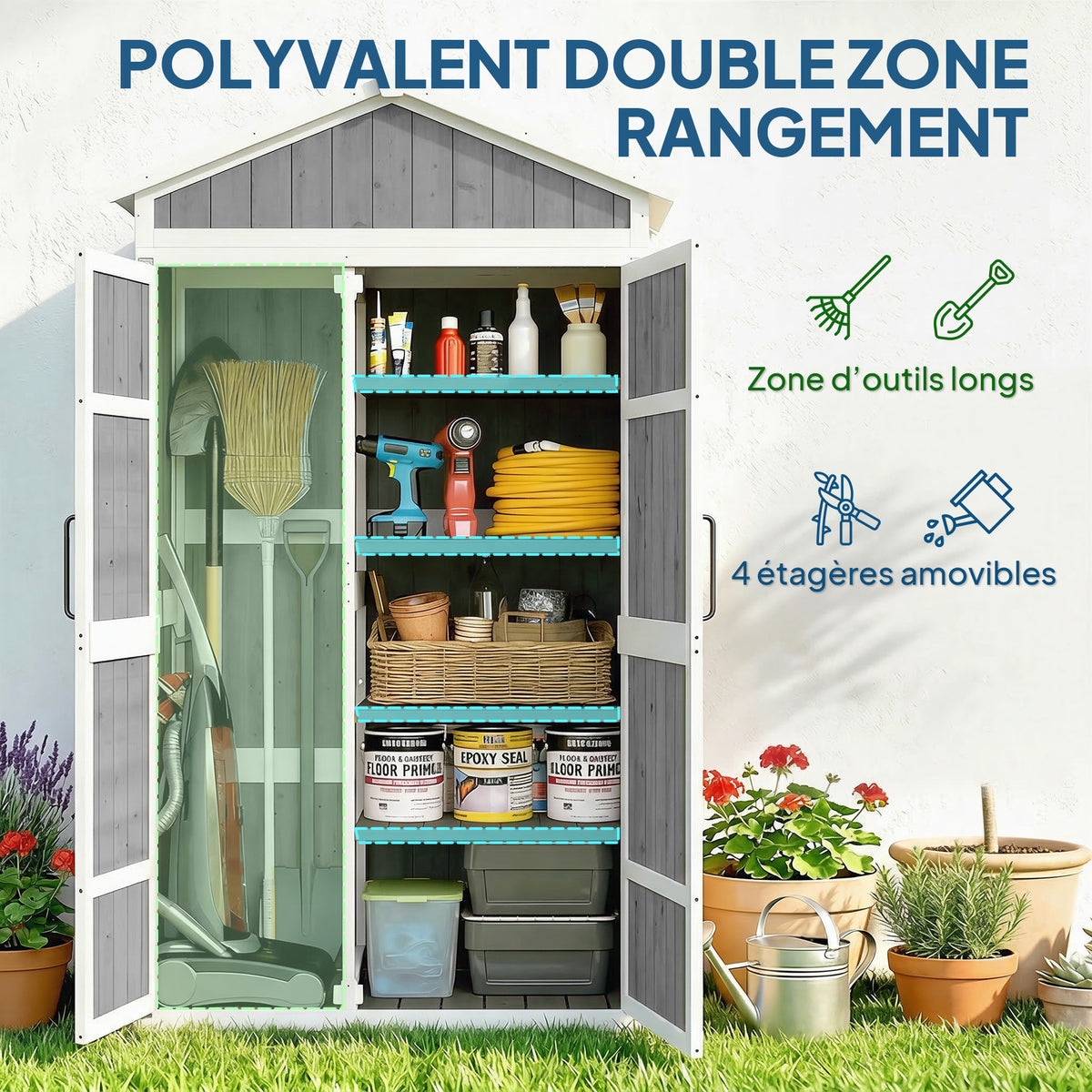 Armoire de Jardin Abri de Jardin Étanche avec Toit en Métal Double Porte pour Outils de Jardinage 105x55x179cm Gris