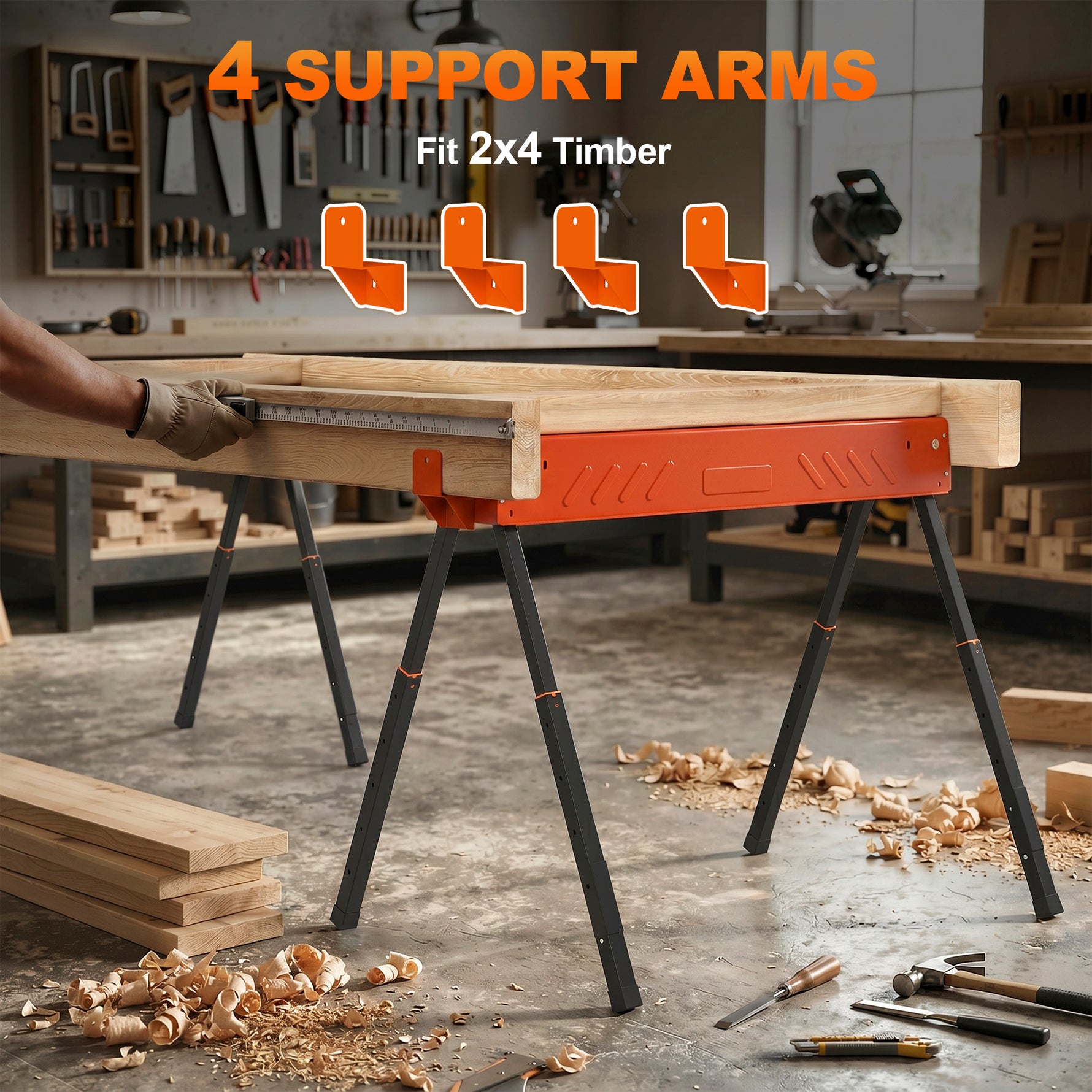 Lot de 2 Tréteaux Pliables en Métal, Charge Max. 500 kg, Tréteaux Portables, Hauteur Réglable 71-85,5cm, Orange
