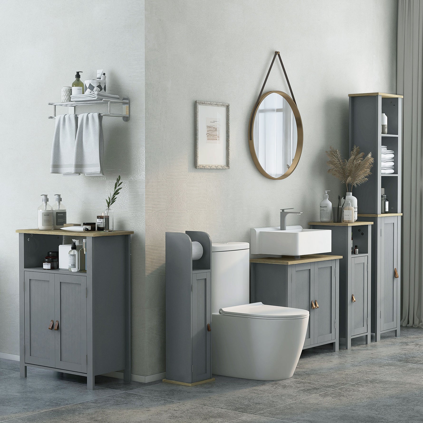Meuble bas de salle de bain multi-rangements grande niche placard double porte gris et naturel
