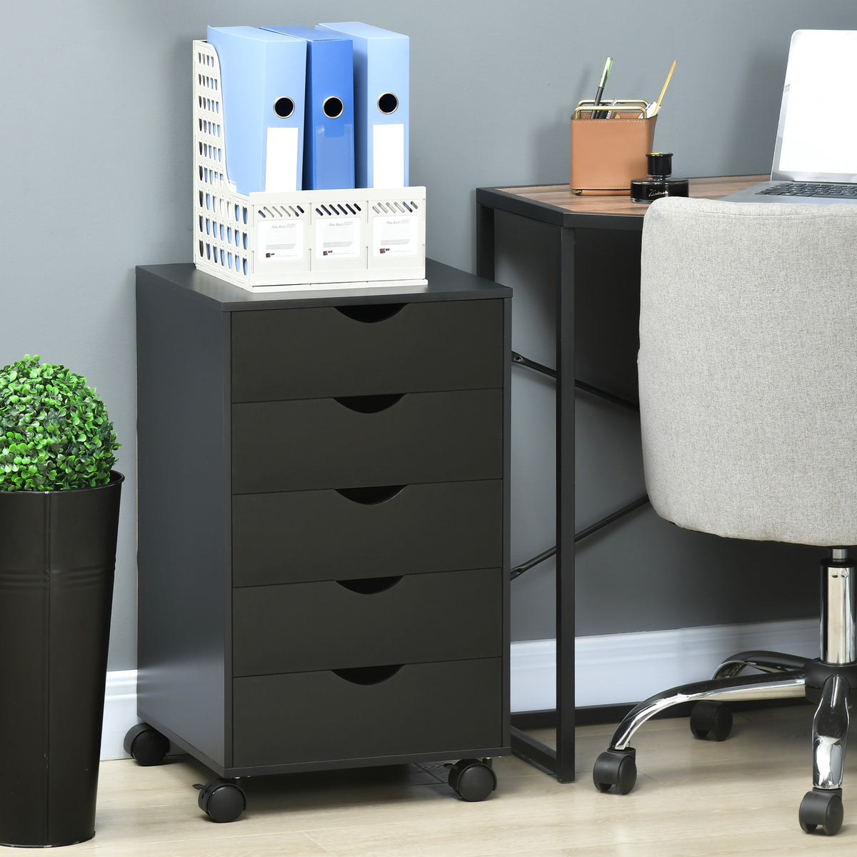 Caisson bureau mobile, meuble rangement bureau sur roulettes, 5 tiroirs, 40 x 40 x 67 cm, noir