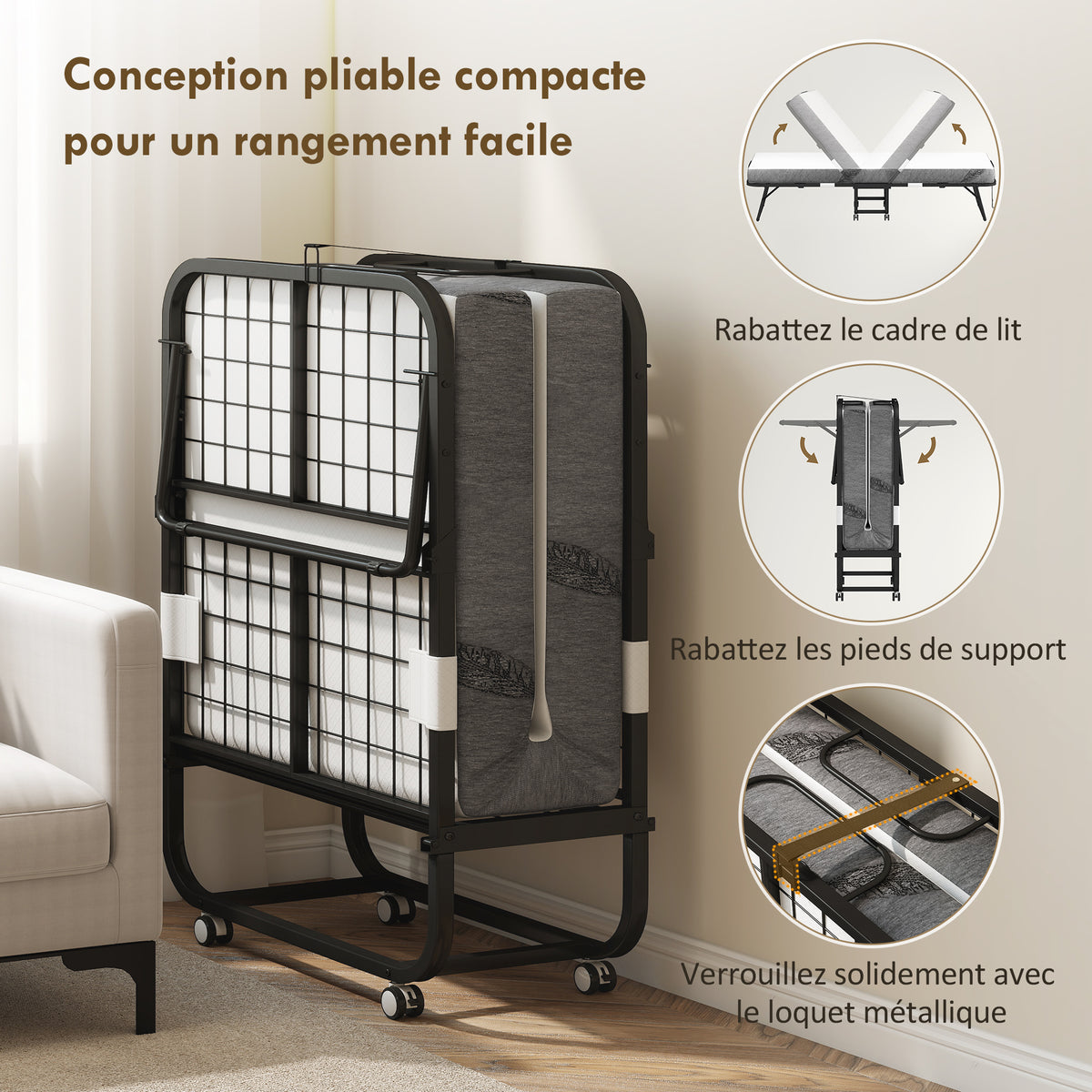 Lit pliant 1 personne 200 x 80 cm avec matelas, lit d'appoint pliable et portable sur roulettes, cadre en acier, blanc