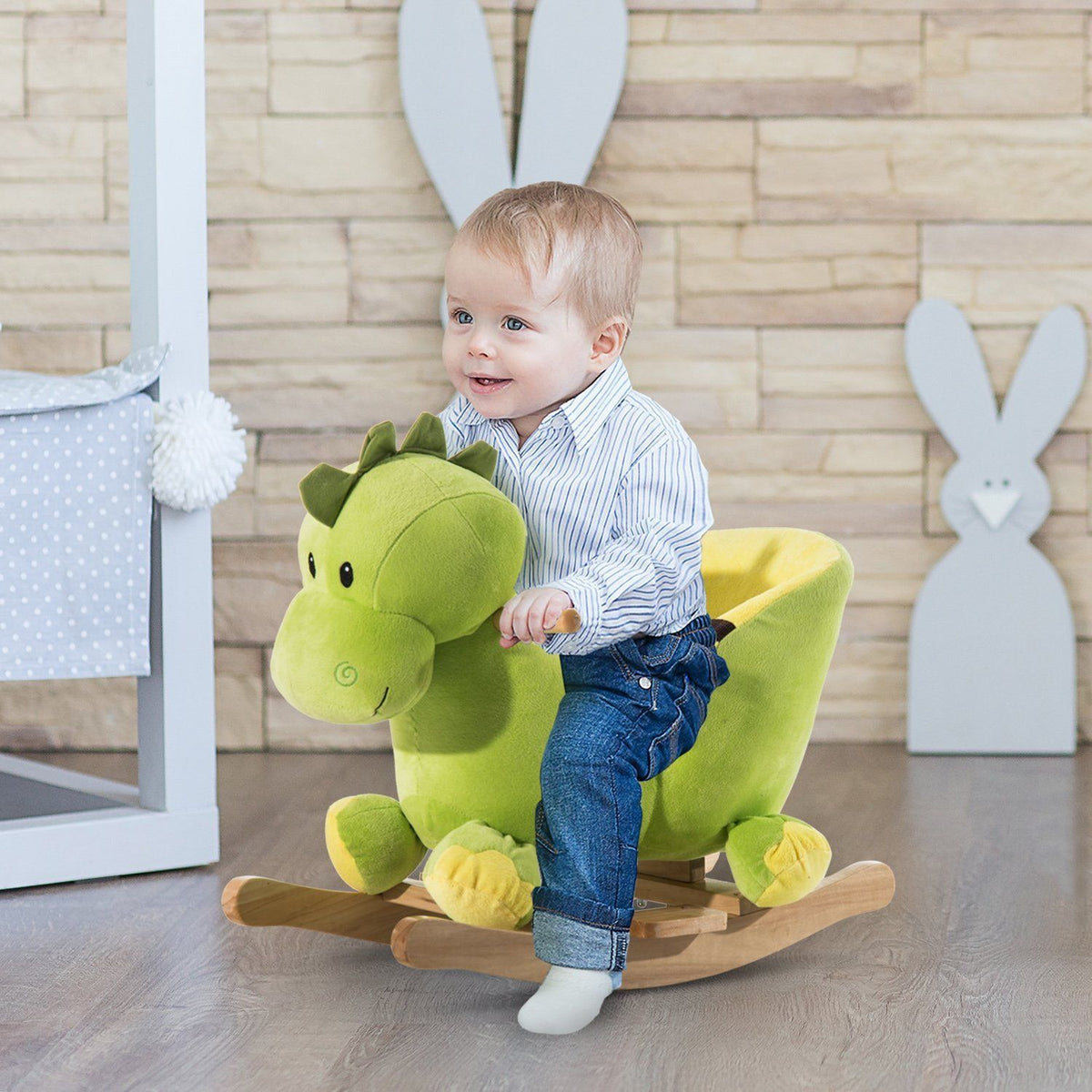 Jouet à Bascule Dinosaure Ceinture de sécurité Effet sonore 32 chansons pour enfants de 18+ Mois Bois Peluche Verte