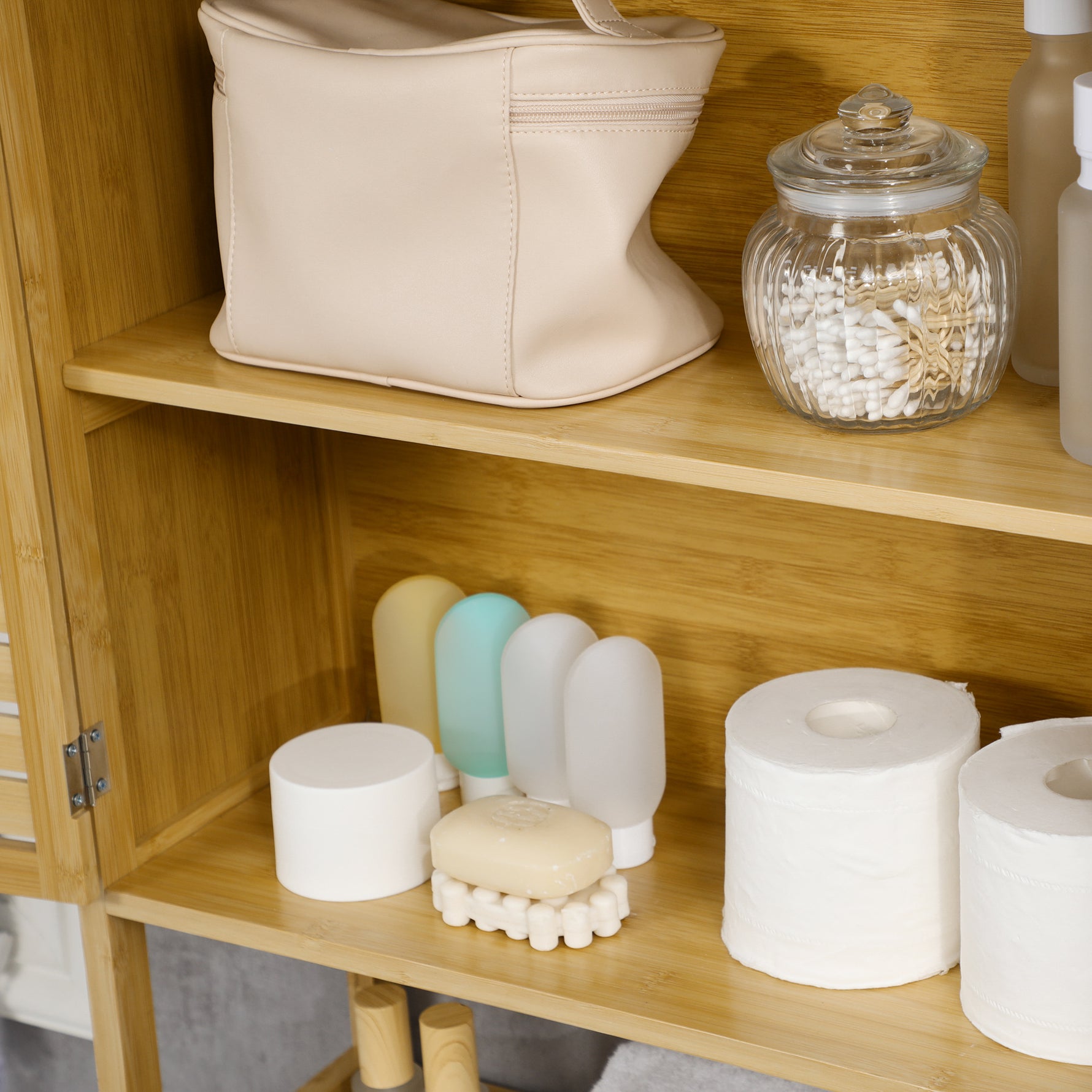 Étagère de toilettes meuble de salle de bain dessus toilette WC avec placard 2 portes et étagère ouverte 60 x 23 x 173 cm bambou
