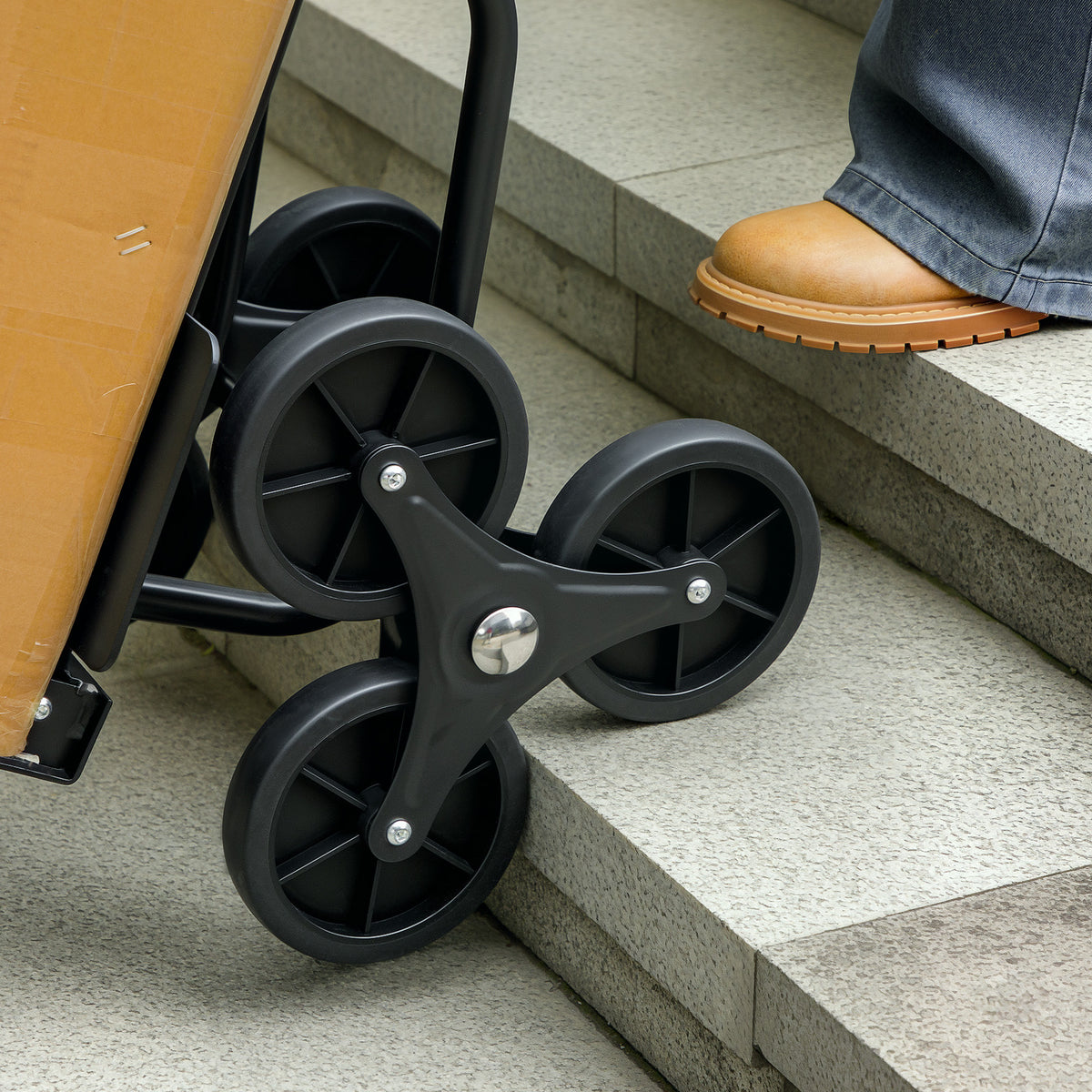 Klappbare Treppensackkarre 120 kg mit 6 Rädern, Stahl-Transportkarre mit Spanngurten, 44x67x106,5 cm, schwarz
