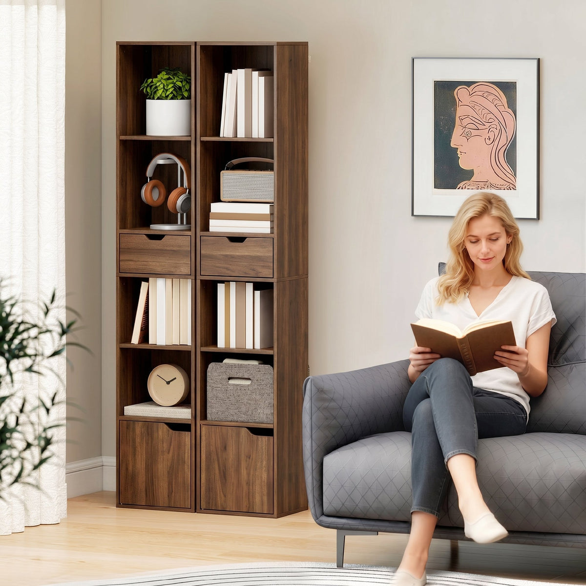 Libreria, scaffale per libri, mobile contenitore con cassetto, armadietto e scomparti a giorno, 30 x 24 x 158 cm, nero
