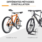 Râtelier 3 vélos -  - rangement pneu 65 mm sol ou mural - pour VTT enfants BMX - 76 x 33 x 27 cm - acier - noir