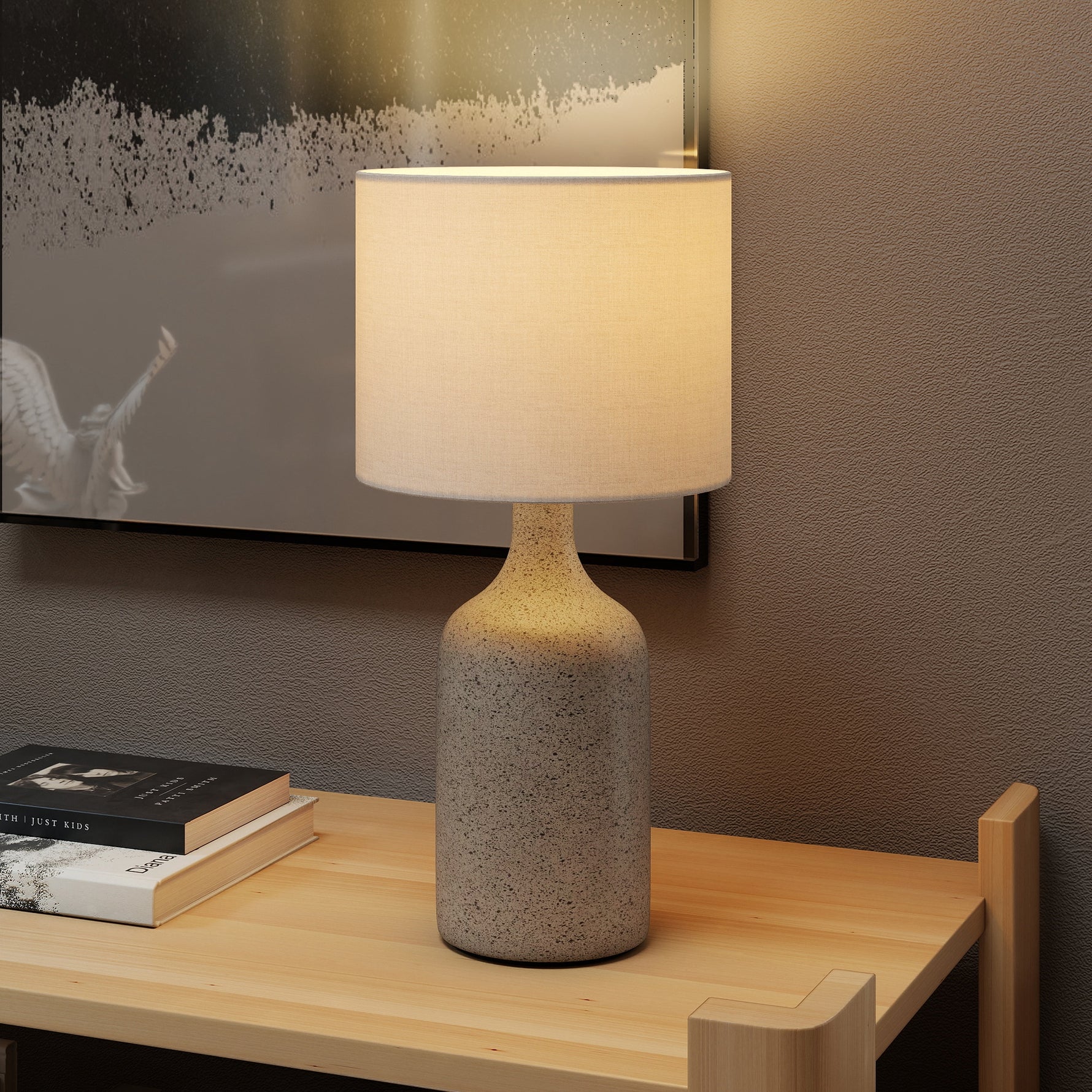 Lampe de Table avec Base en Céramique et Abat-Jour en Lin, Lampe de Chevet Rétro avec Culot E27, Blanc et Sable