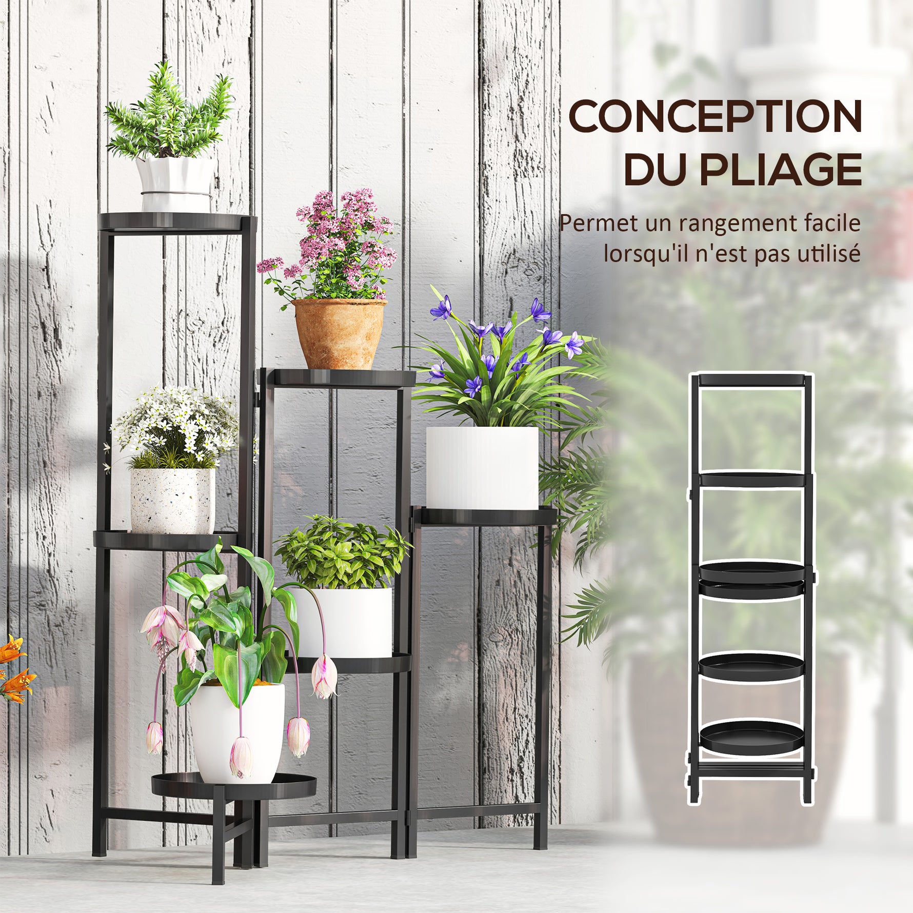 Support pour plantes 6 niveaux étagère plante ajustable et pliable en métal design sans vis porte 60 x 40 x 80 cm noir