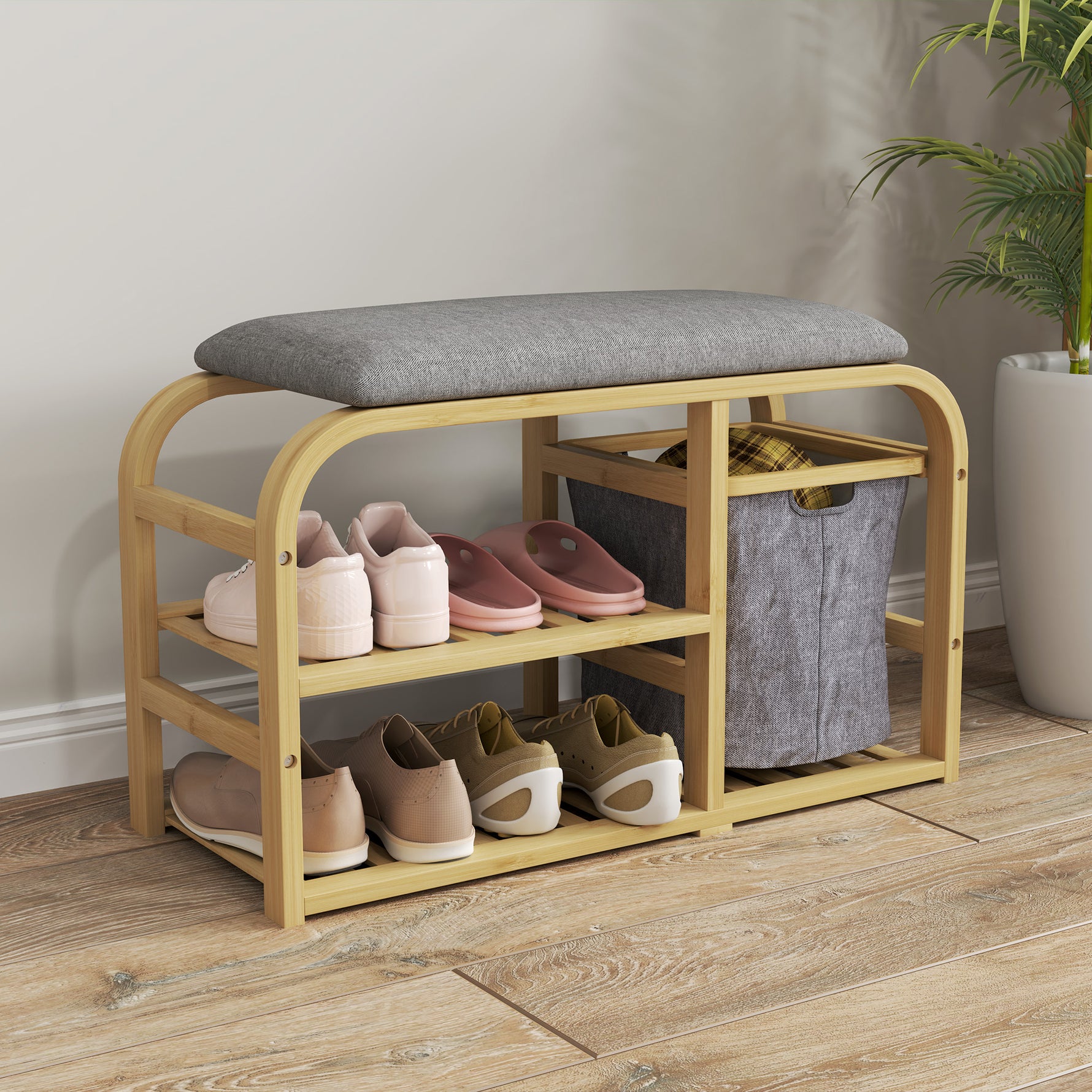 Banc à chaussures avec coussin d'assise, 2 étagères à lattes et panier en tissu coulissant, 70x30x45cm, bois naturel-1