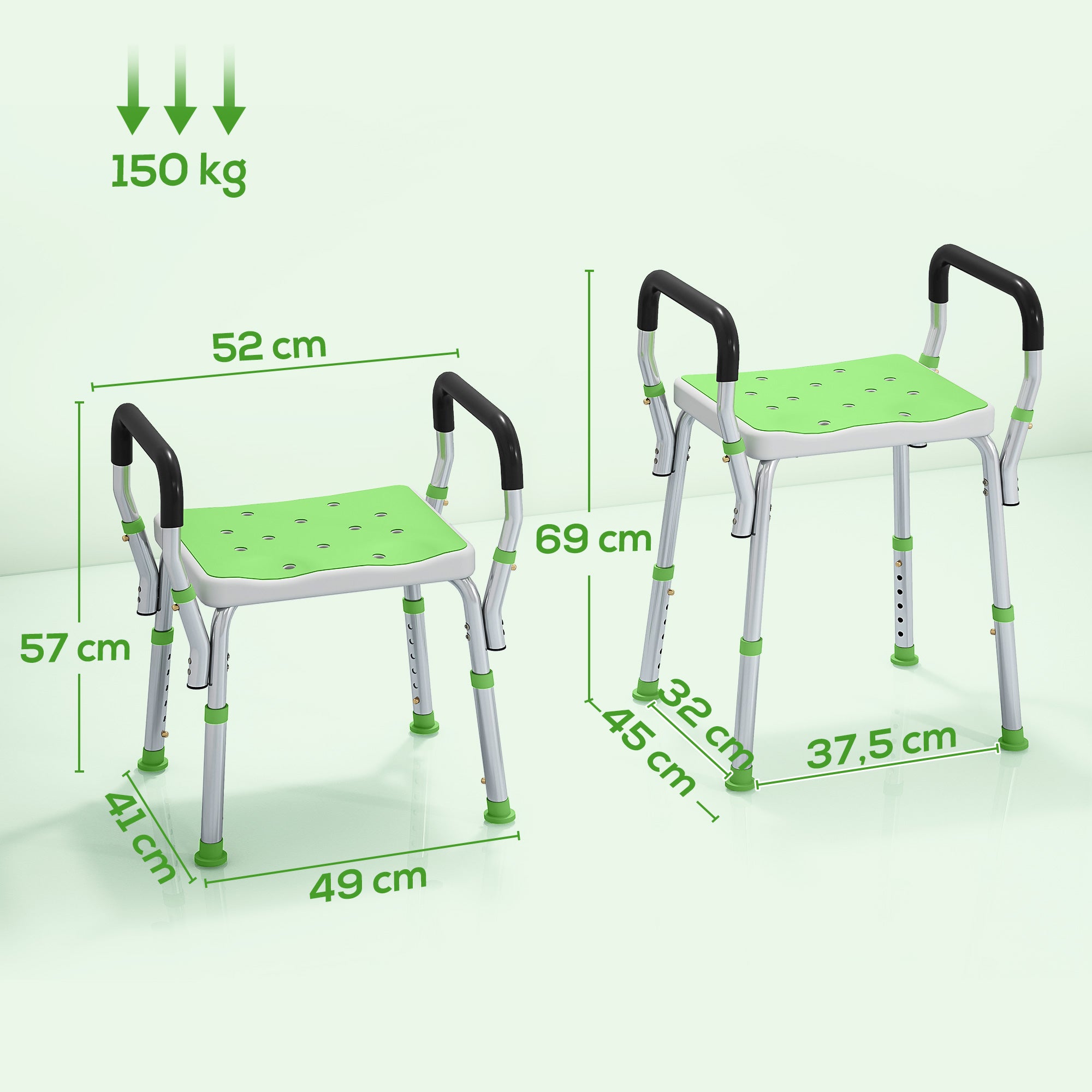 Taburete de ducha para personas mayores y discapacitadas con reposabrazos, altura regulable, patas antideslizantes, verde