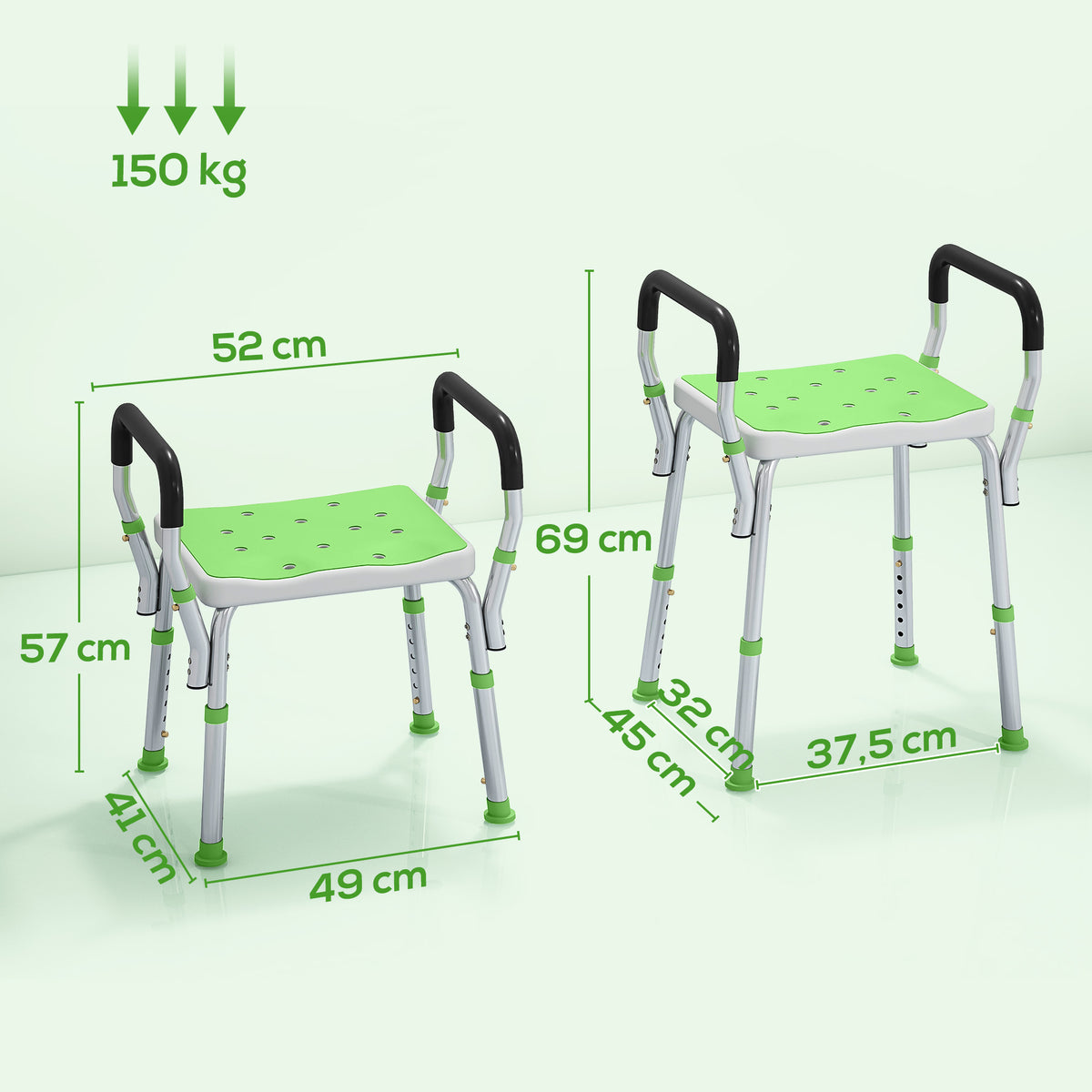 Tabouret de douche pour personnes âgées et handicapées avec accoudoirs, hauteur réglable, patins antidérapants, vert